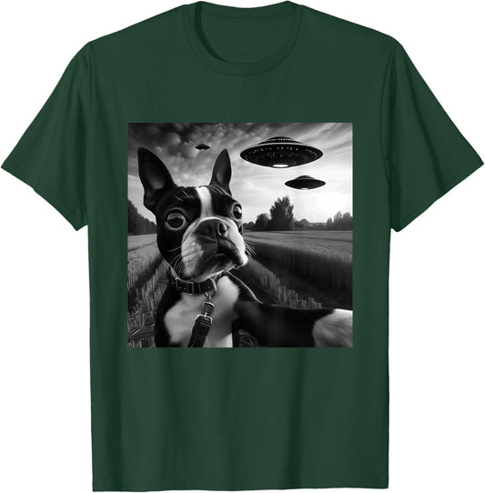 Boston Terrier Funny Graphic Selfie with UFOs Weird Aliens T-Shirt - T-Shirt | Forest