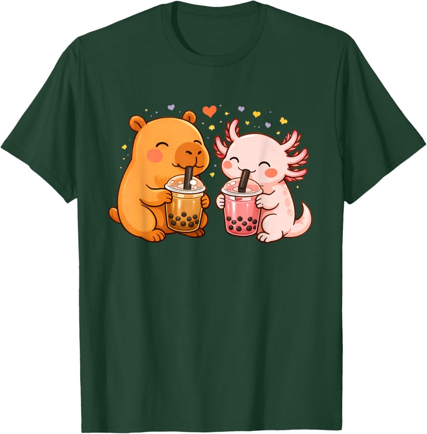 Cute Capybara and Axolotl Drinking Boba Bubble Tea T-Shirt - T-Shirt | Forest