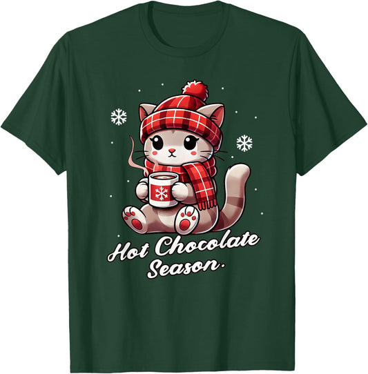 Funny Cat Hot Choco Season Merry Christmas Mom Dad Kids T-Shirt - T-Shirt | Forest