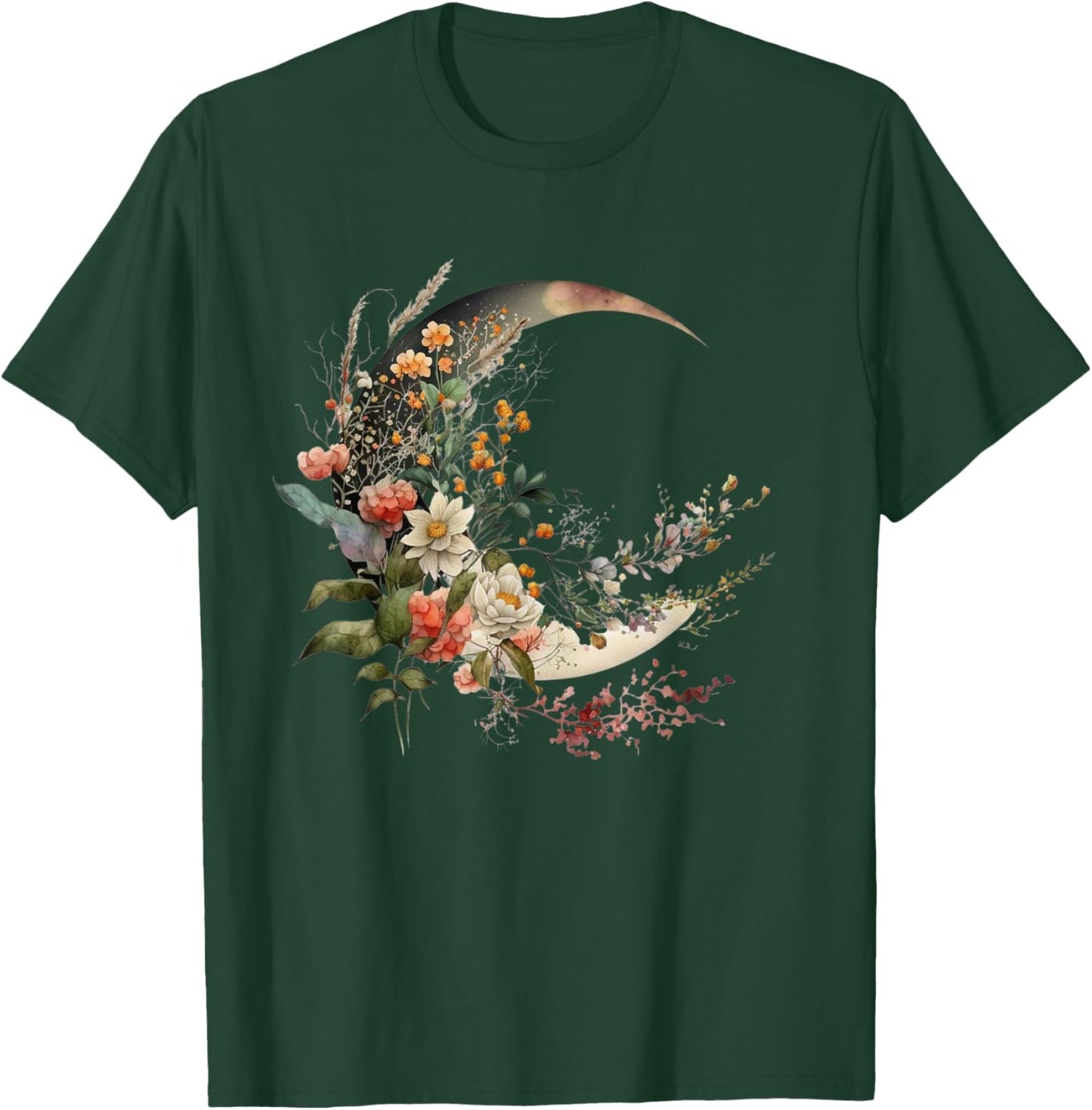 Floral Flower Crescent Moon T-Shirt - T-Shirt | Forest