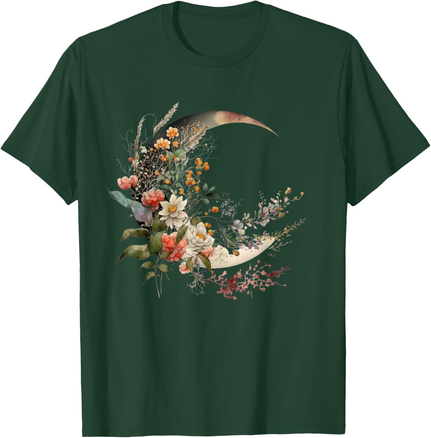Floral Flower Crescent Moon T-Shirt - T-Shirt | Forest