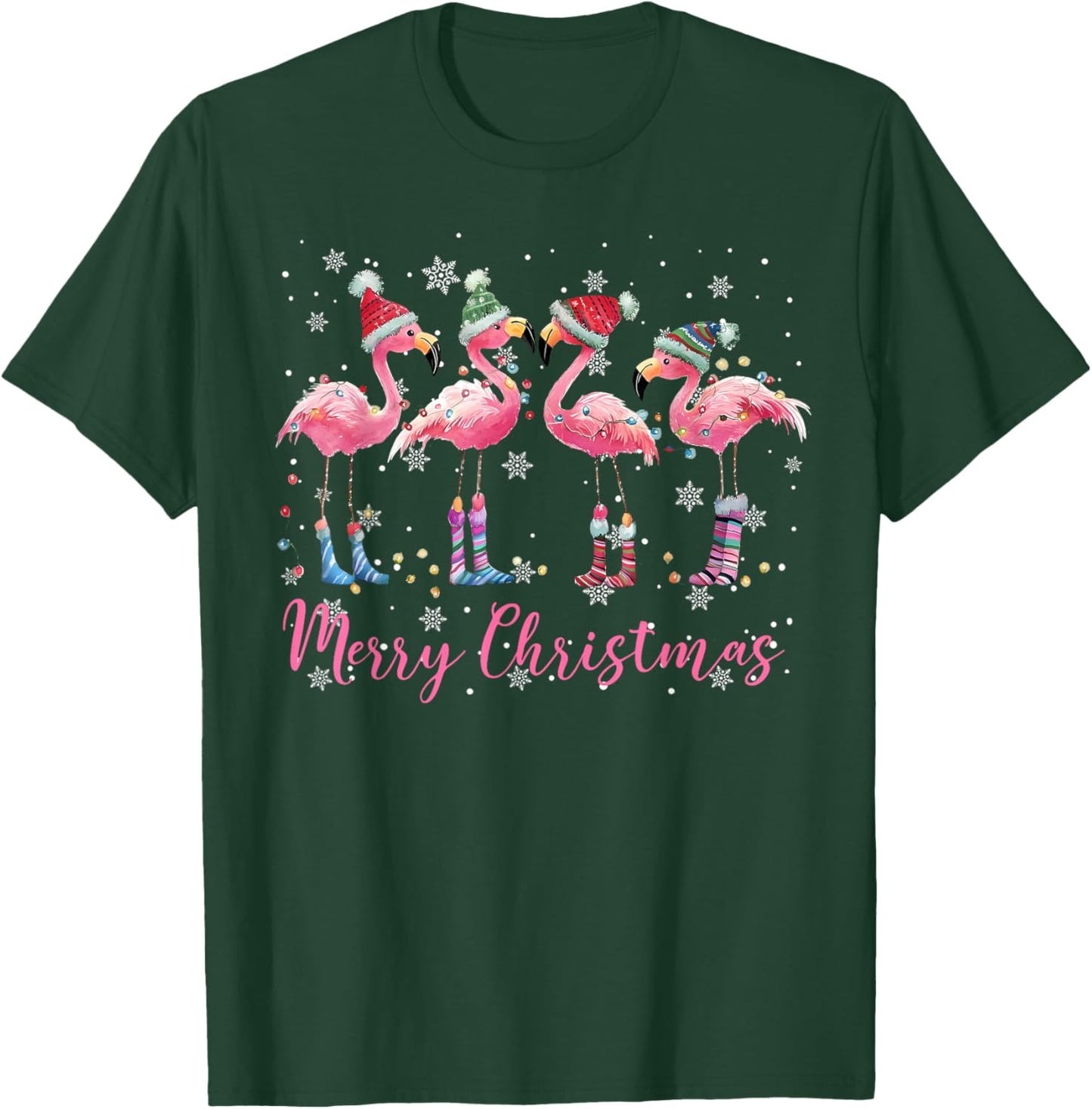 Merry Christmas Hat Santa Flamingo Light Christmas Snow Xmas T-Shirt - T-Shirt | Forest