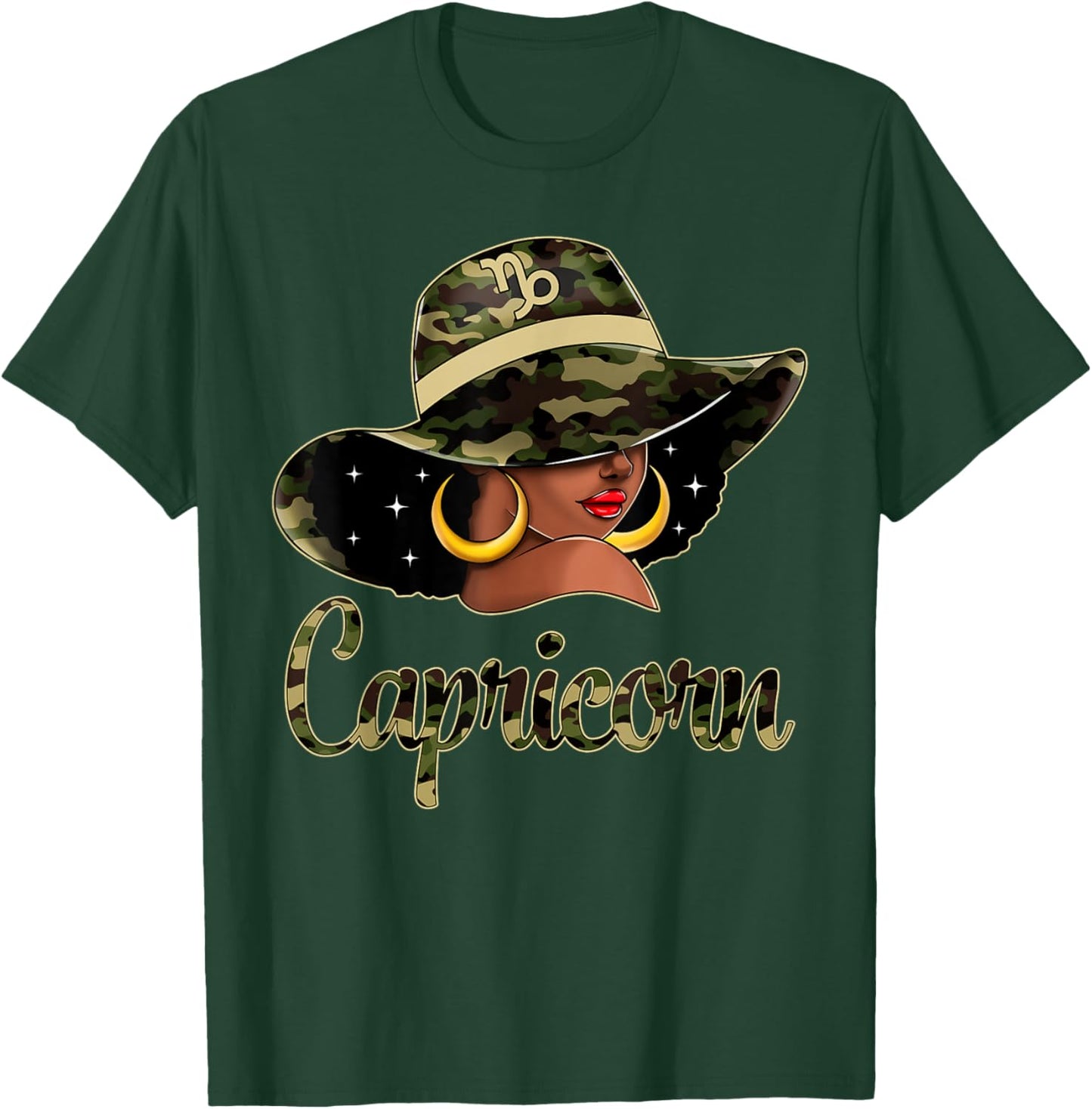 Capricorn Queen Black Woman With Hat Camo Afro Woman Zodiac T-Shirt - T-Shirt | Forest