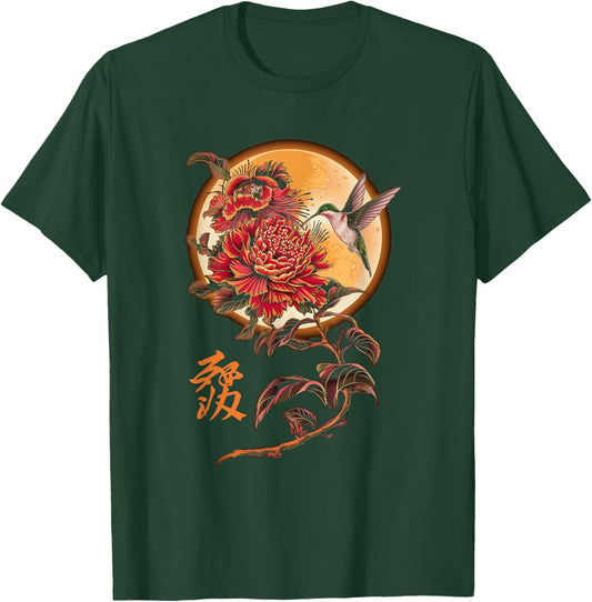 Vibrant Life Hummingbird with Hibiscus Moon Japanese Style T-Shirt - T-Shirt | Forest