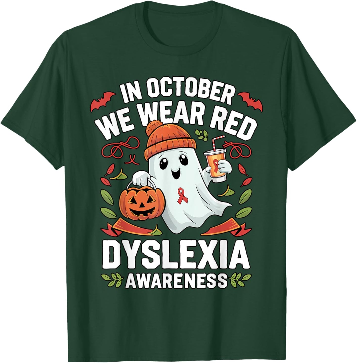 Awareness Ribbon October Wear Red Dyslexia Awareness Ghost T-Shirt - T-Shirt | Forest