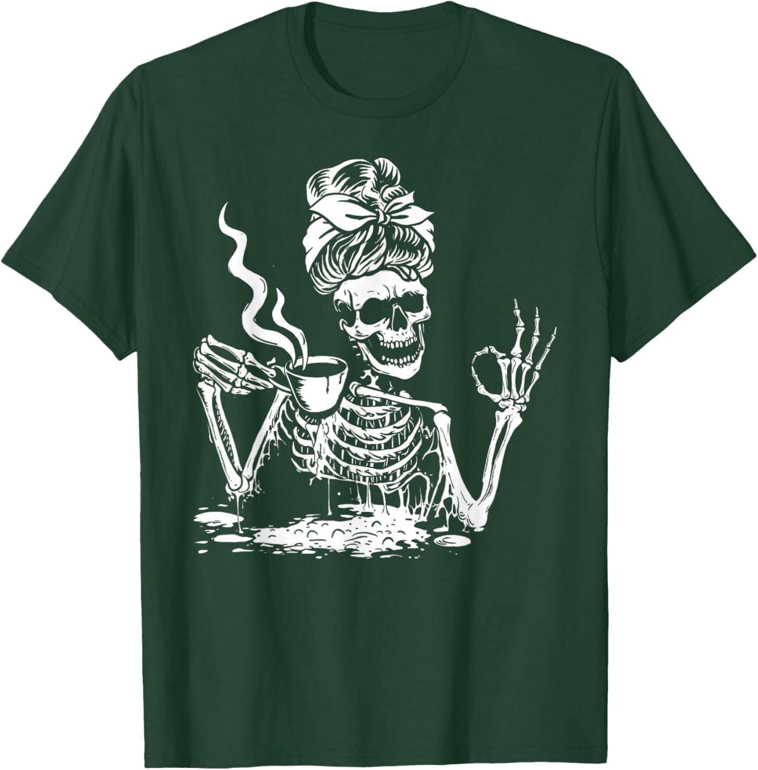 Skeleton Drinking Coffee Messy Bun Women Halloween Skeleton T-Shirt - T-Shirt | Forest