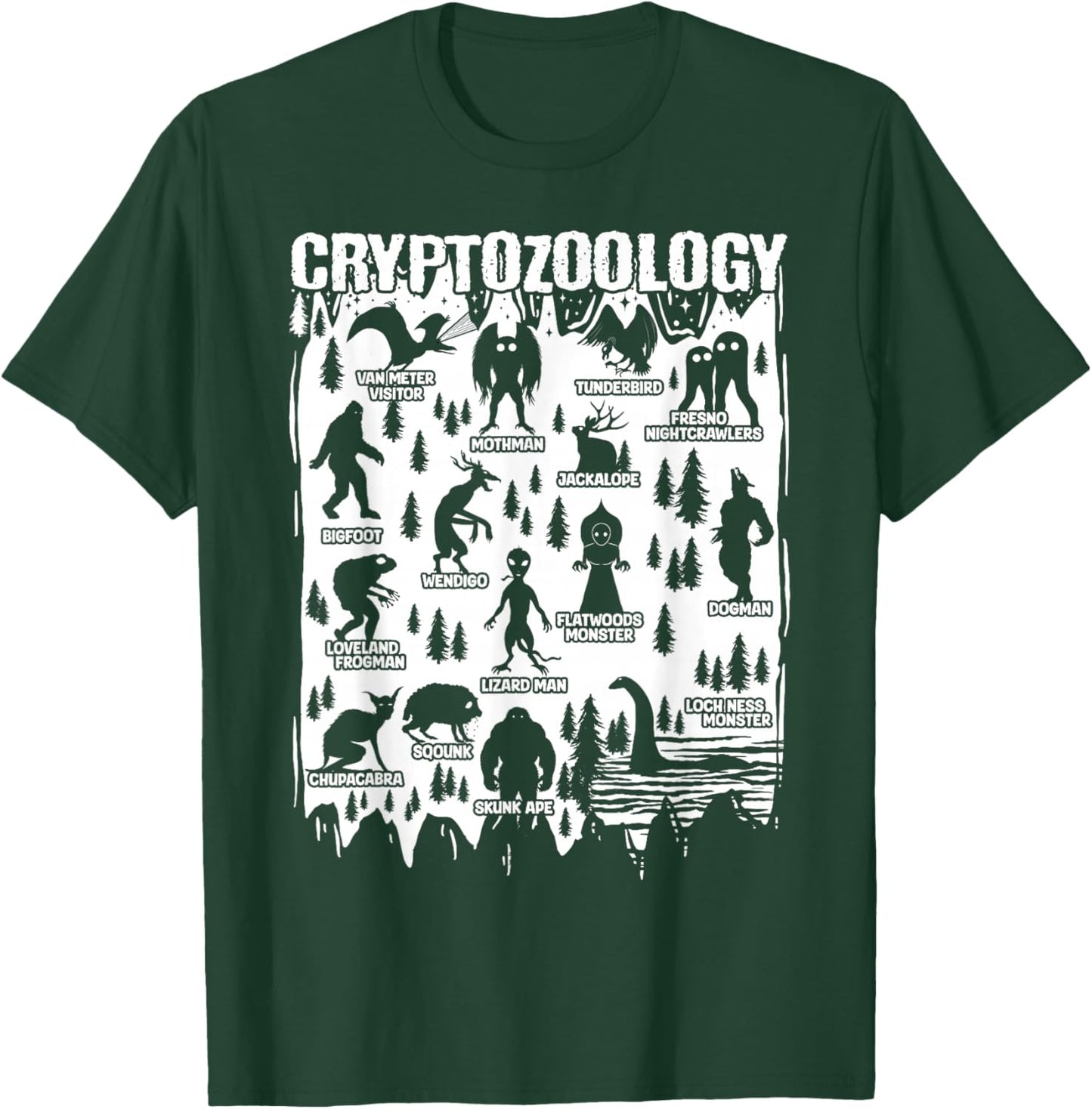 Cryptozoology Cryptid Bigfoot Mothman Dogman Other Monsters T-Shirt - T-Shirt | Forest