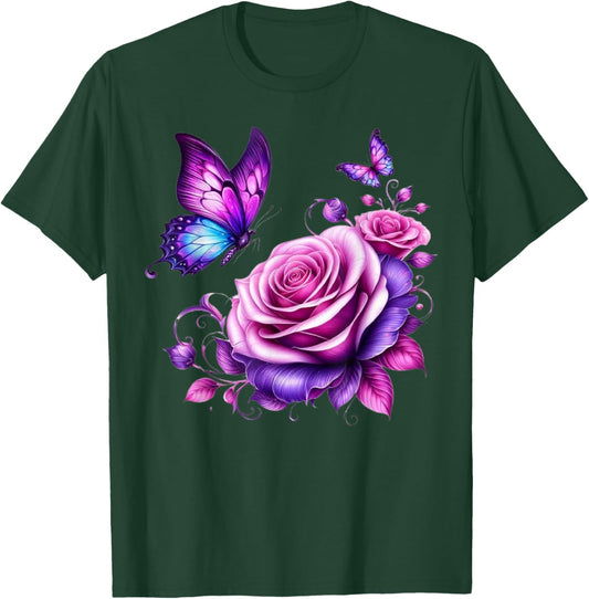 Butterfly On A Purple Colored Rose Flower Butterfly Lover T-Shirt - T-Shirt | Forest