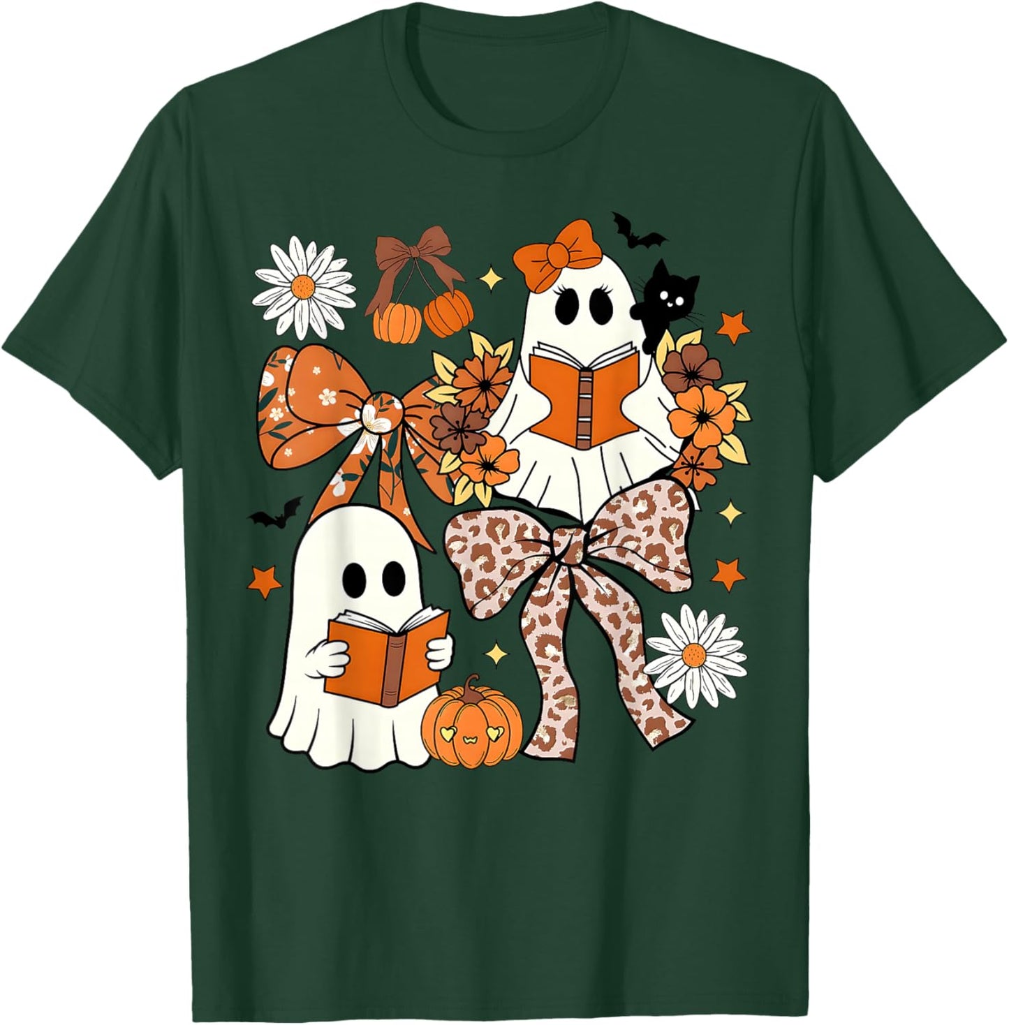 Ghost Reading Books Leopard Pumpkin Coquette Bow Halloween T-Shirt - T-Shirt | Forest