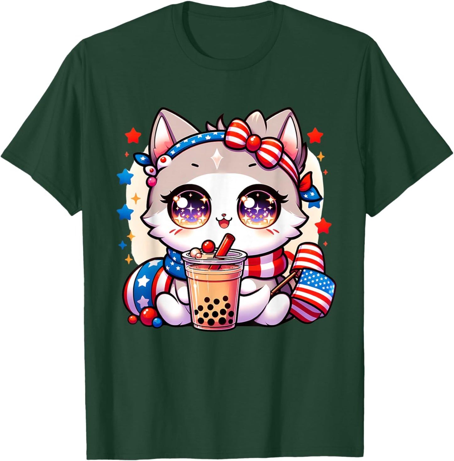 Cute 4th of July Cat Shirt Girls Kawaii Anime Boba Tea USA T-Shirt - T-Shirt | Forest