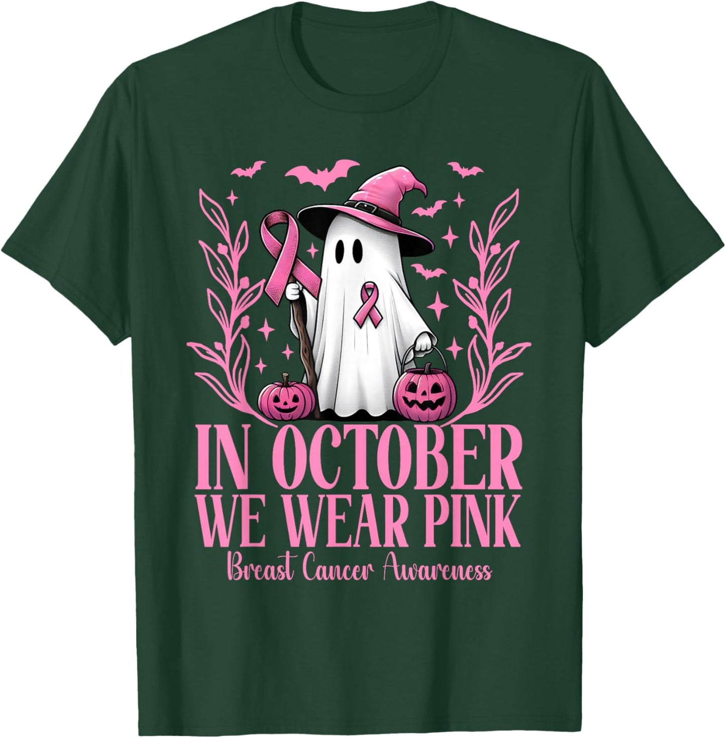 In October We Wear Pink Breast Cancer Witch Ghost Halloween T-Shirt - T-Shirt | Forest