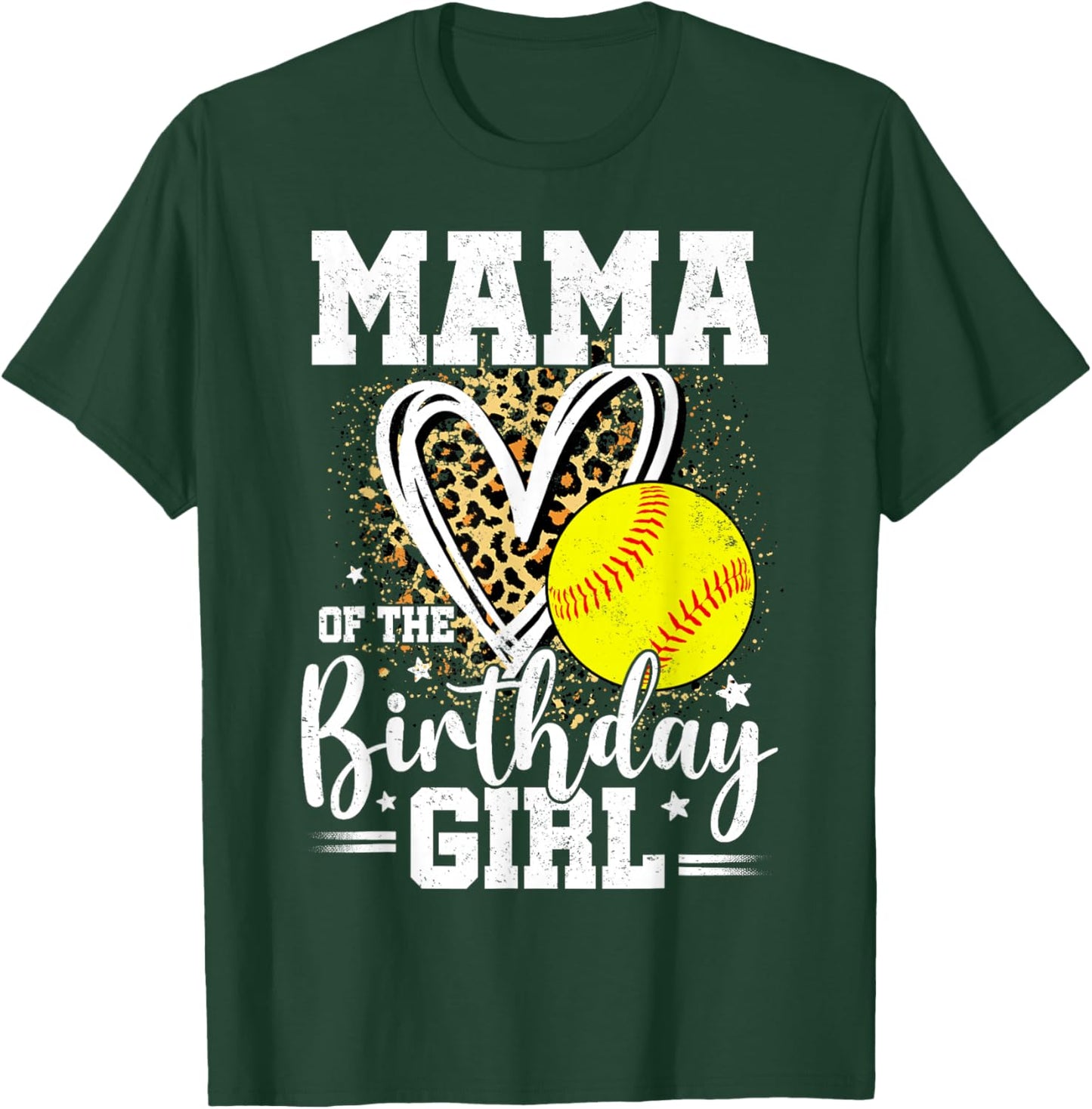 Mama of The Birthday Girl Softball Mama Leopard Heart T-Shirt - T-Shirt | Forest