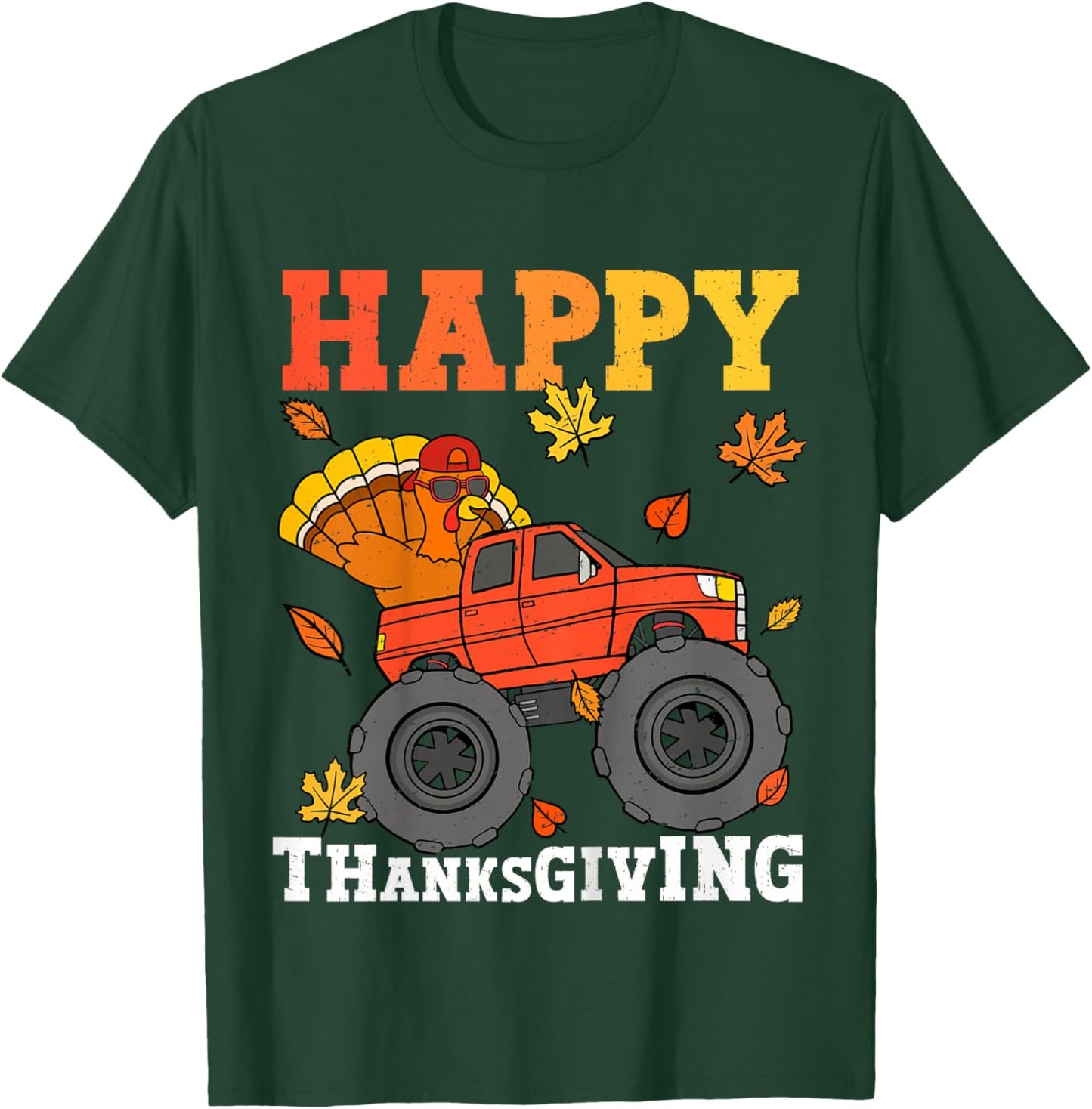 Kids Monster Truck Turkey Happy Thanksgiving Kids Toddler Boys T-Shirt - T-Shirt | Forest