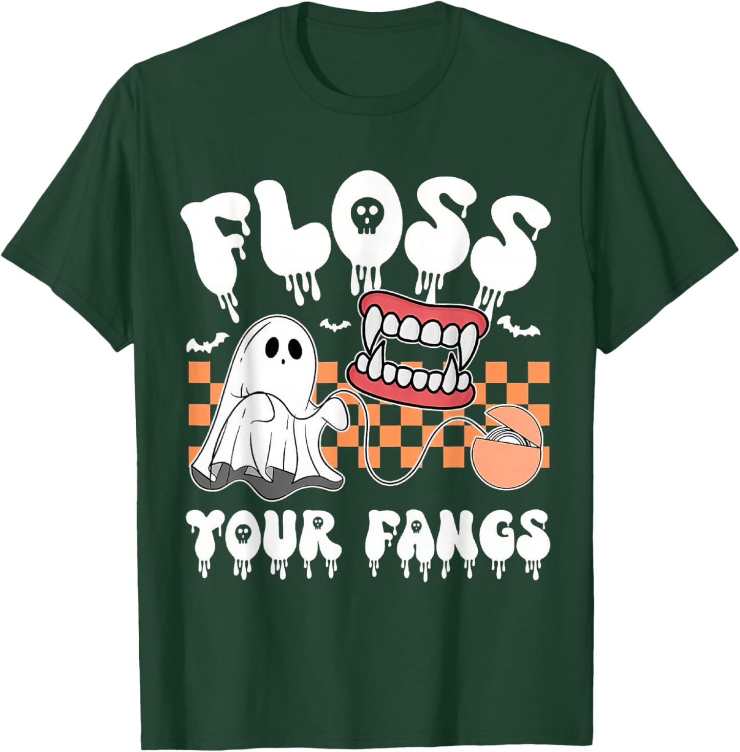 Retro Funny Teeth Floss Your Fangs Dentist Spooky Halloween T-Shirt - T-Shirt | Forest