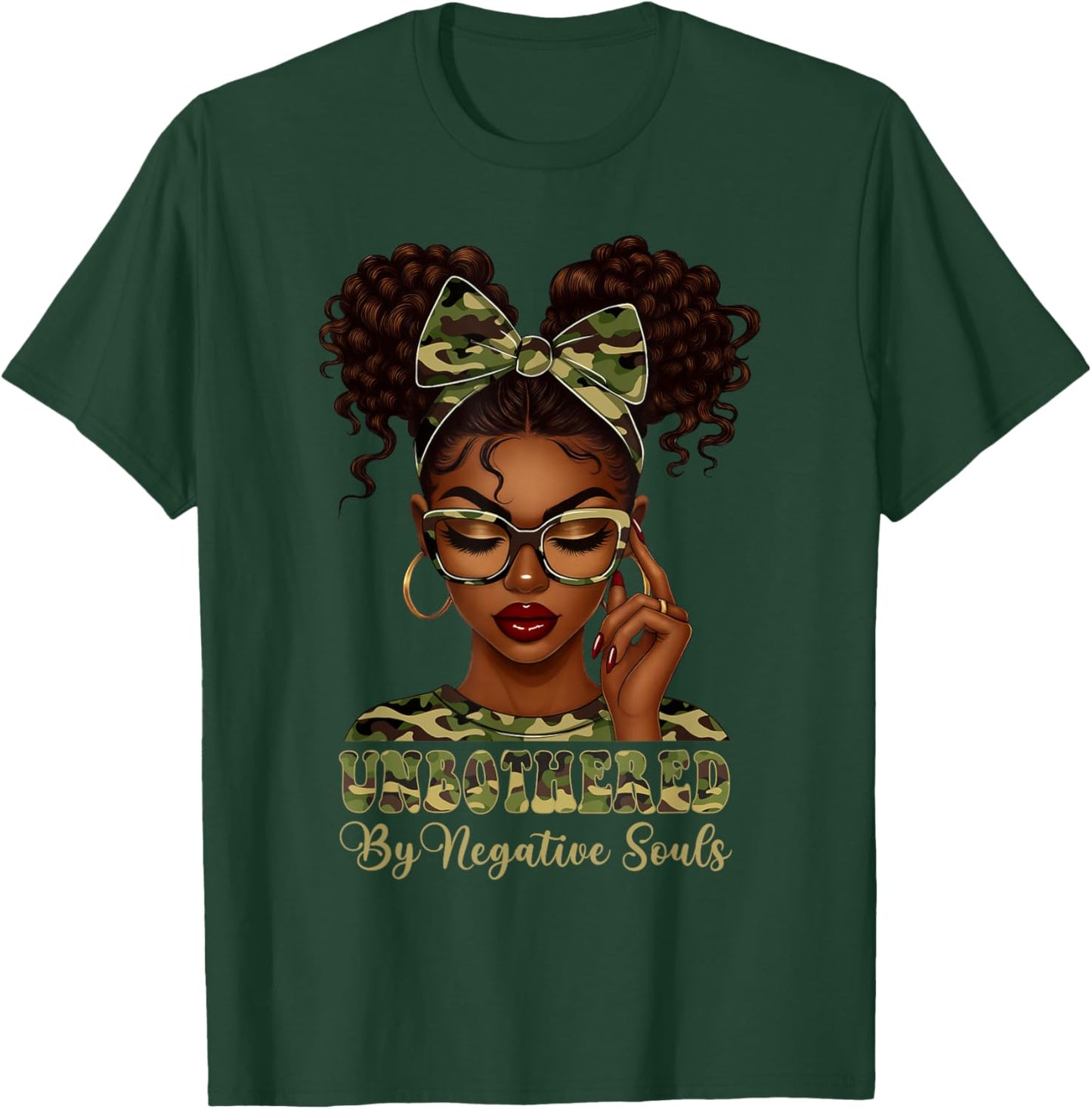 Unbothered By Negative Souls Black Girl Woman Camouflage Bow T-Shirt - T-Shirt | Forest