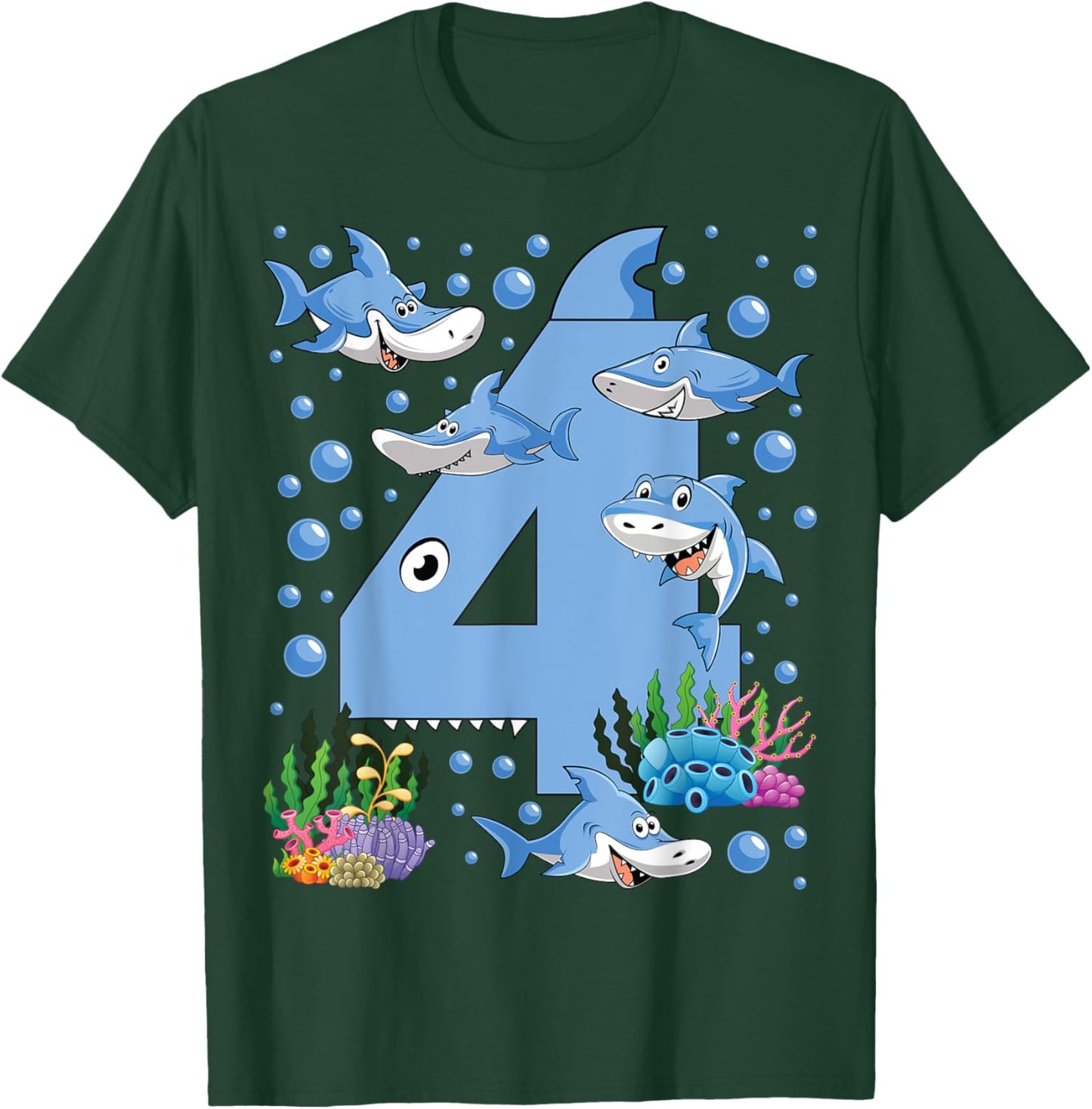 Kids 4 Years Old Shark Ocean Theme 4th Birthday Boy Party T-Shirt - T-Shirt | Forest