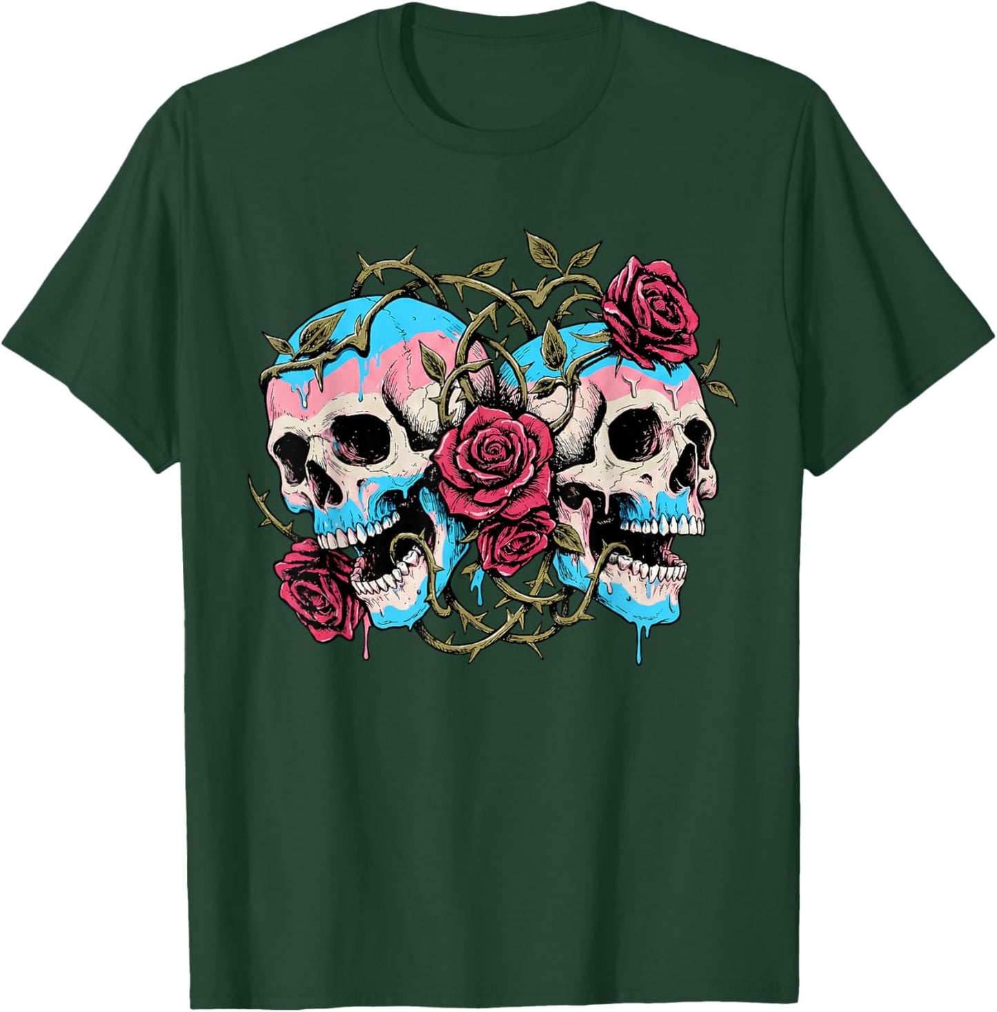 Subtle LGBTQ Transgender Pride Trans Flag Roses Skull Ally T-Shirt - T-Shirt | Forest