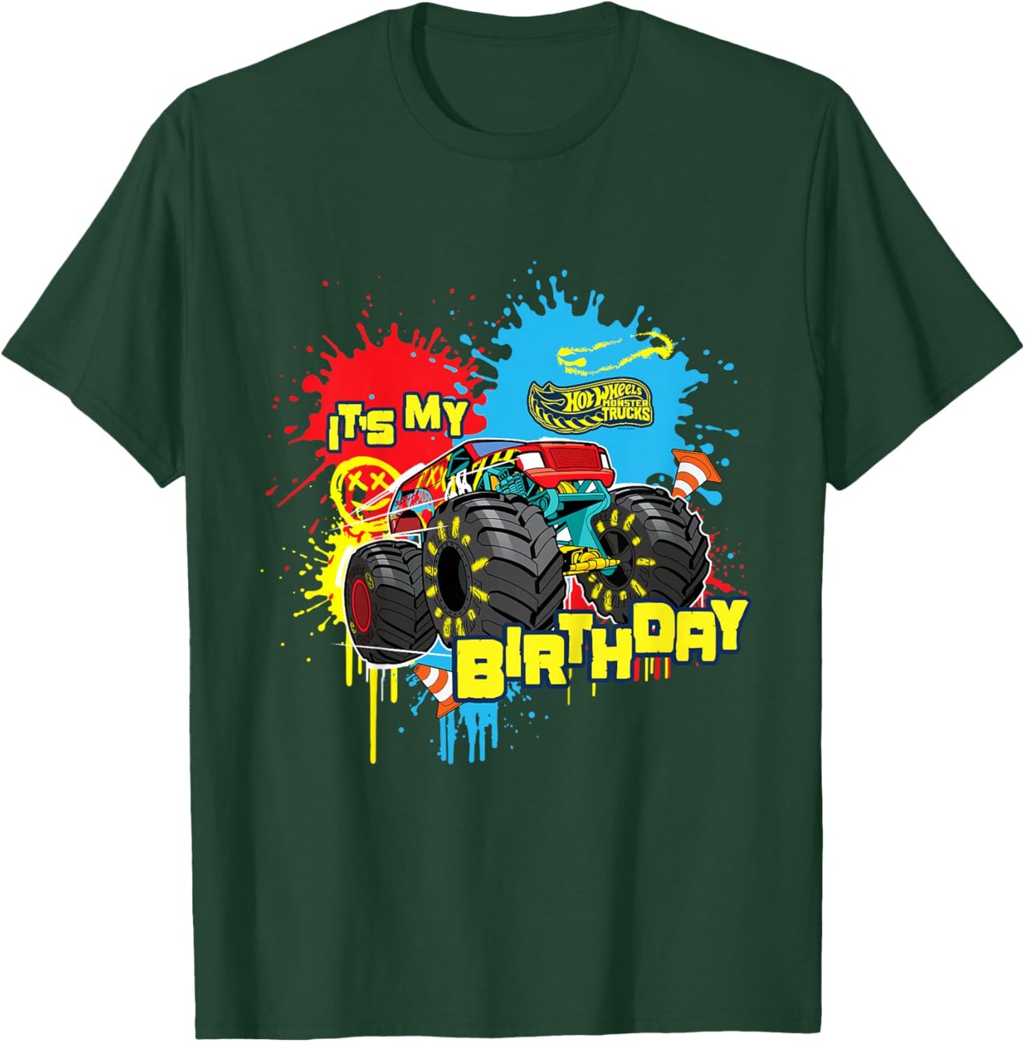 Kids Hot Wheels Monster Trucks - It's My Birthday Paint Splatter T-Shirt - T-Shirt | Forest