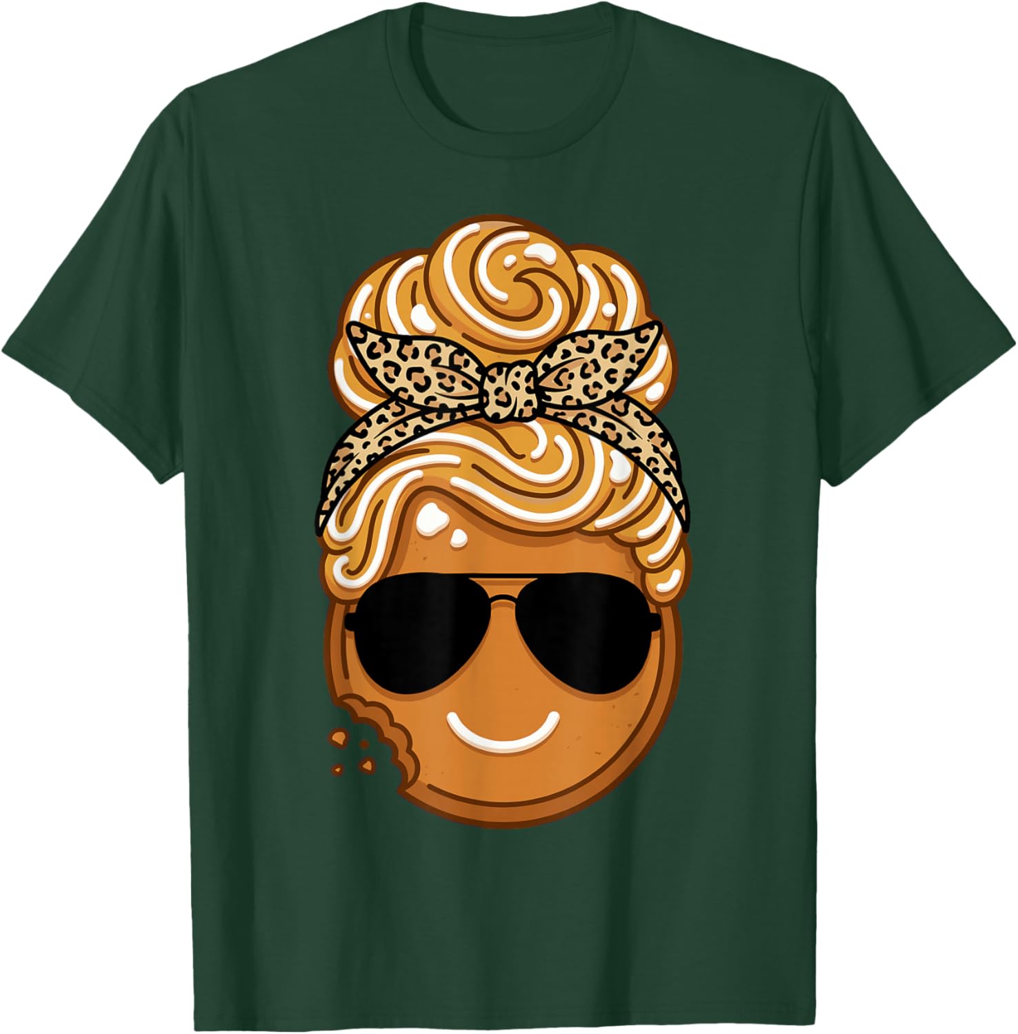 Gingerbread Face Messy Bun Leopard Glasses Christmas T-Shirt - T-Shirt | Forest