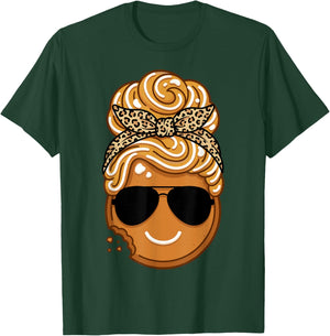 Gingerbread Face Messy Bun Leopard Glasses Christmas T-Shirt - T-Shirt | Forest