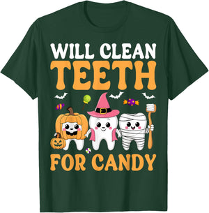 Will Clean Teeth for Candy Dental Assistant Spooky Halloween T-Shirt - T-Shirt | Forest