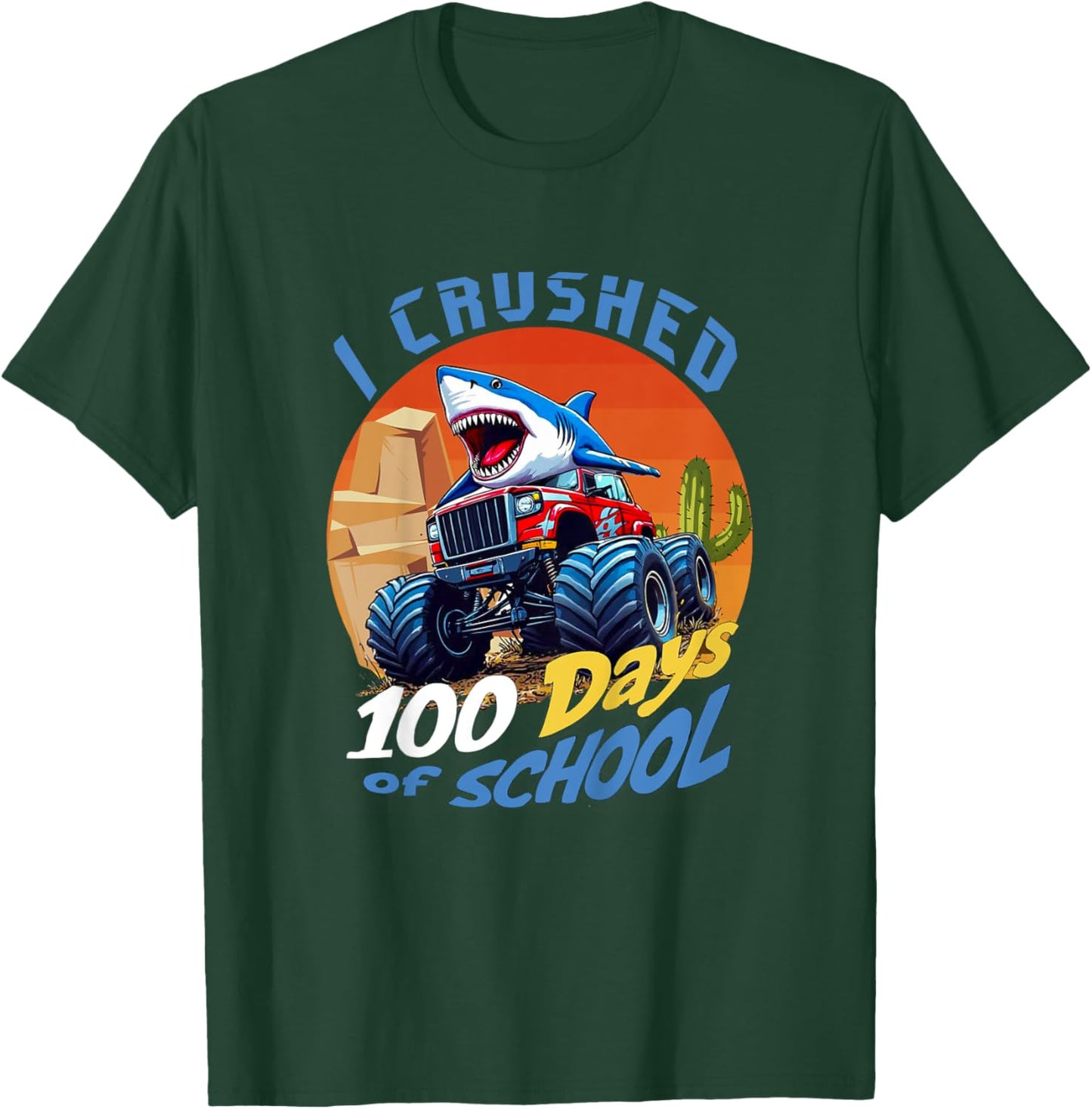 Kids I Crushed 100 Days of School Boy Shark Monster Truck Driver T-Shirt - T-Shirt | Forest