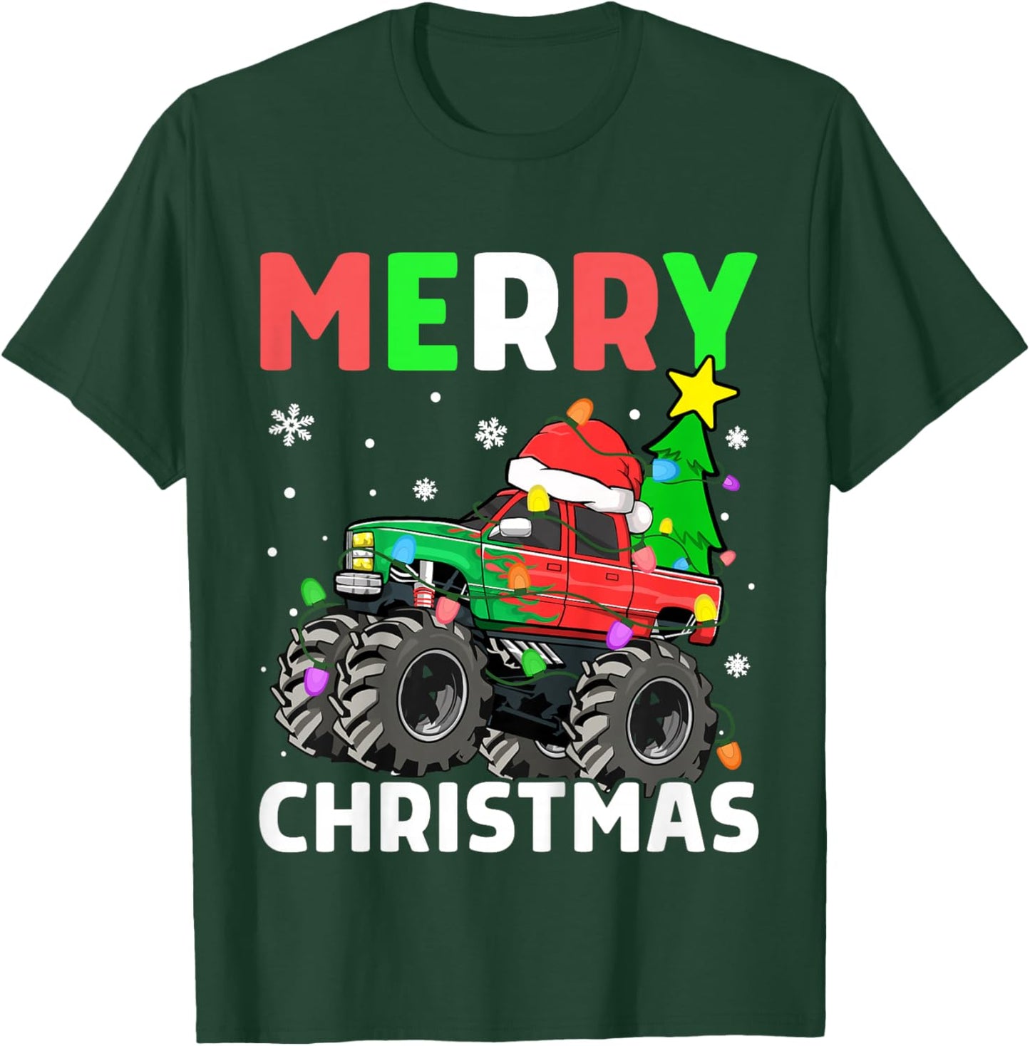 Kids Boys Merry Christmas Monster Truck Santa Hat Toddler Kids T-Shirt - T-Shirt | Forest