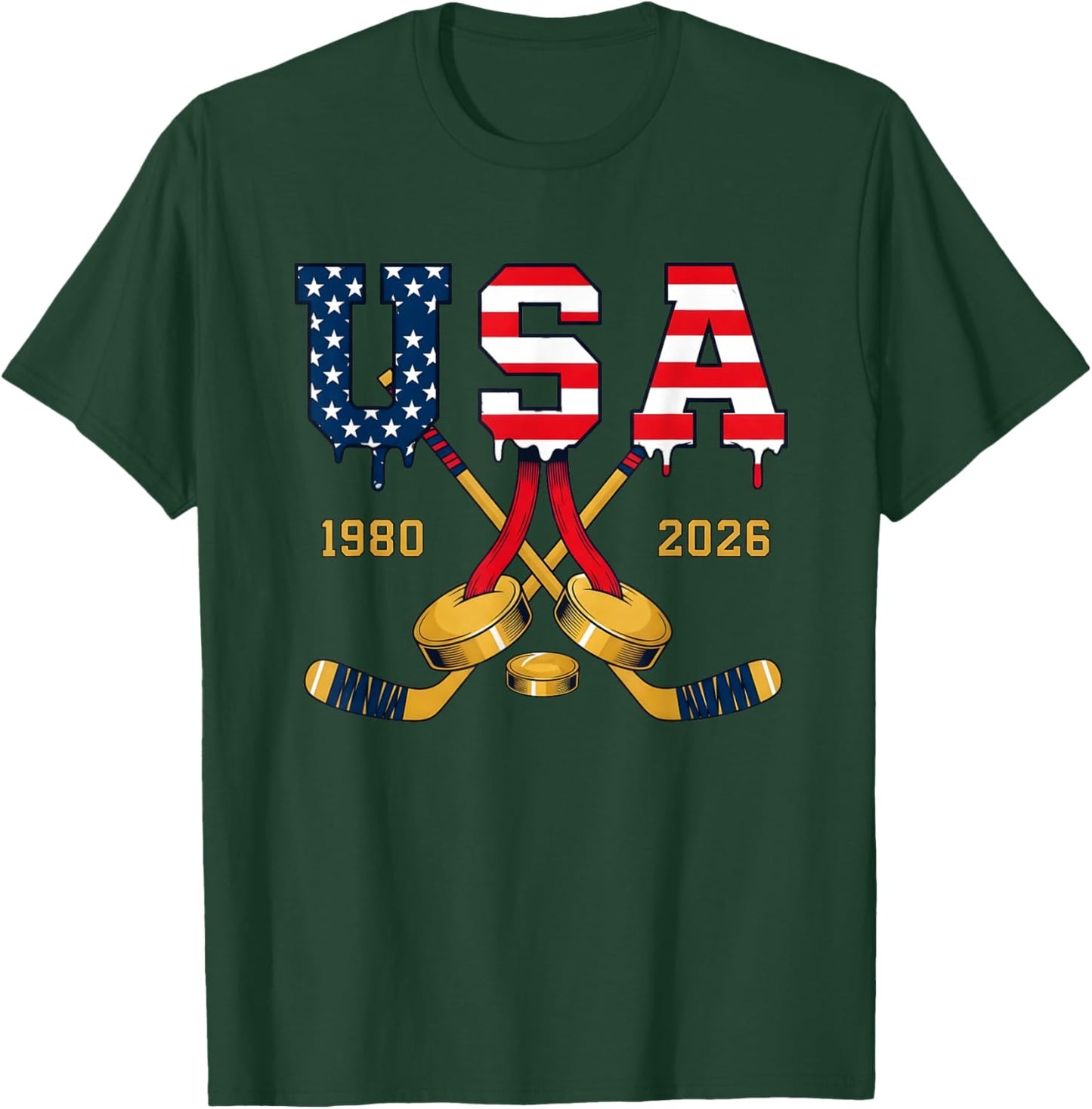 Hockey USA Retro 1980 2026 Vintage Sports Design T-Shirt - T-Shirt | Forest