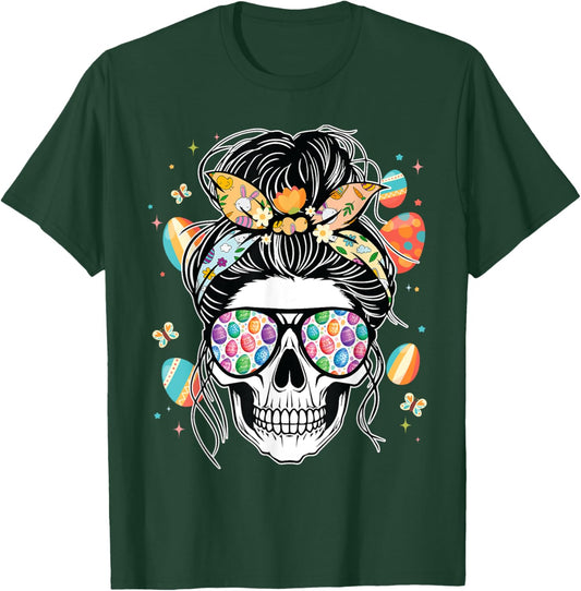 Skull Woman Messy Bun Hair Sunglasses Easter Eggs Easter Day T-Shirt - T-Shirt | Forest