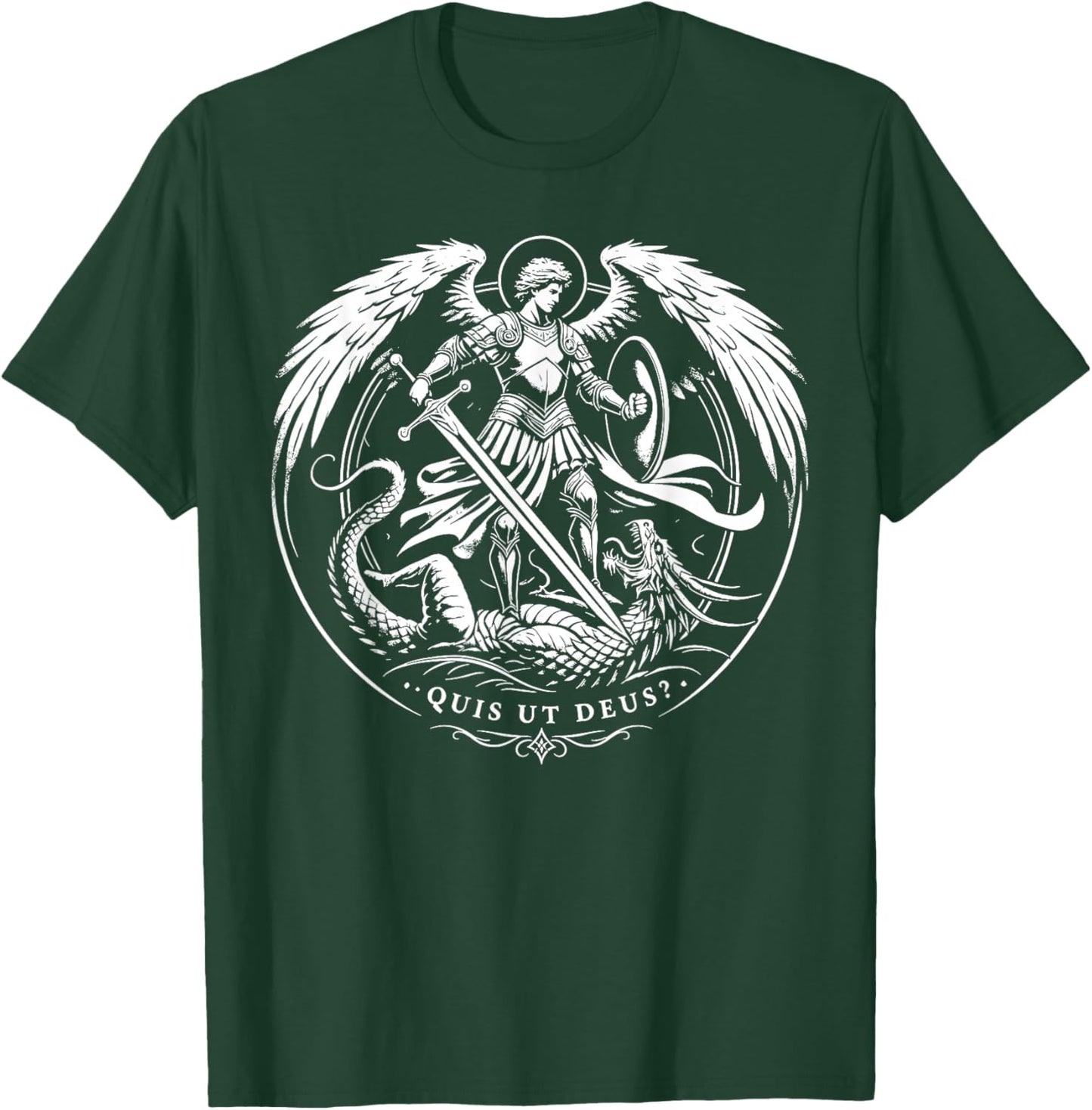 Quis Ut Deus St. Michael Defeating the Dragon Catholic Art T-Shirt - T-Shirt | Forest