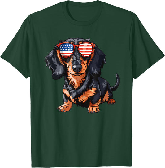 Dachshund Dog USA America Flag 4th of July T-Shirt - T-Shirt | Forest