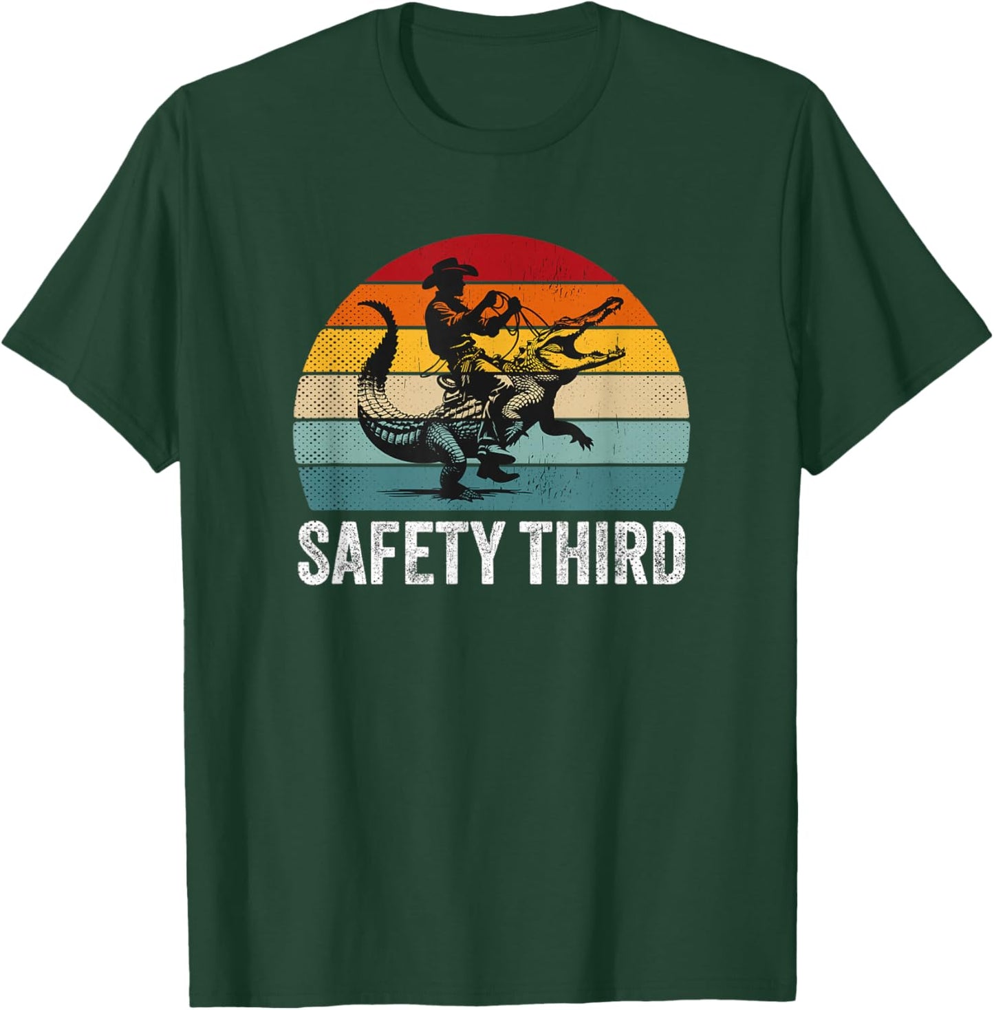 Safety Third Retro Cowboy Riding Alligator Sarcastic Safety T-Shirt - T-Shirt | Forest