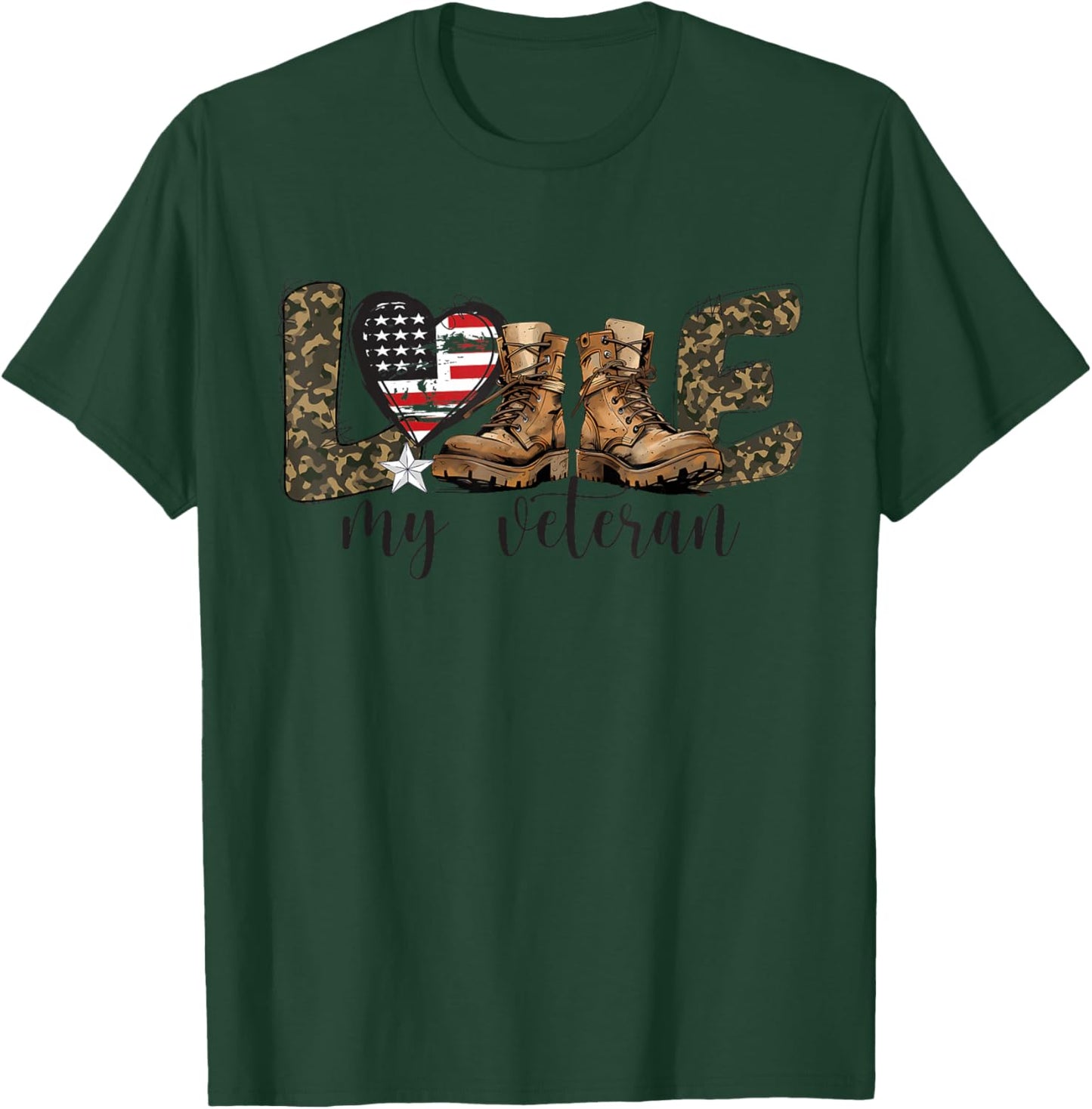 I Love My Veteran USA Flag Heart Military Veteran Family T-Shirt - T-Shirt | Forest