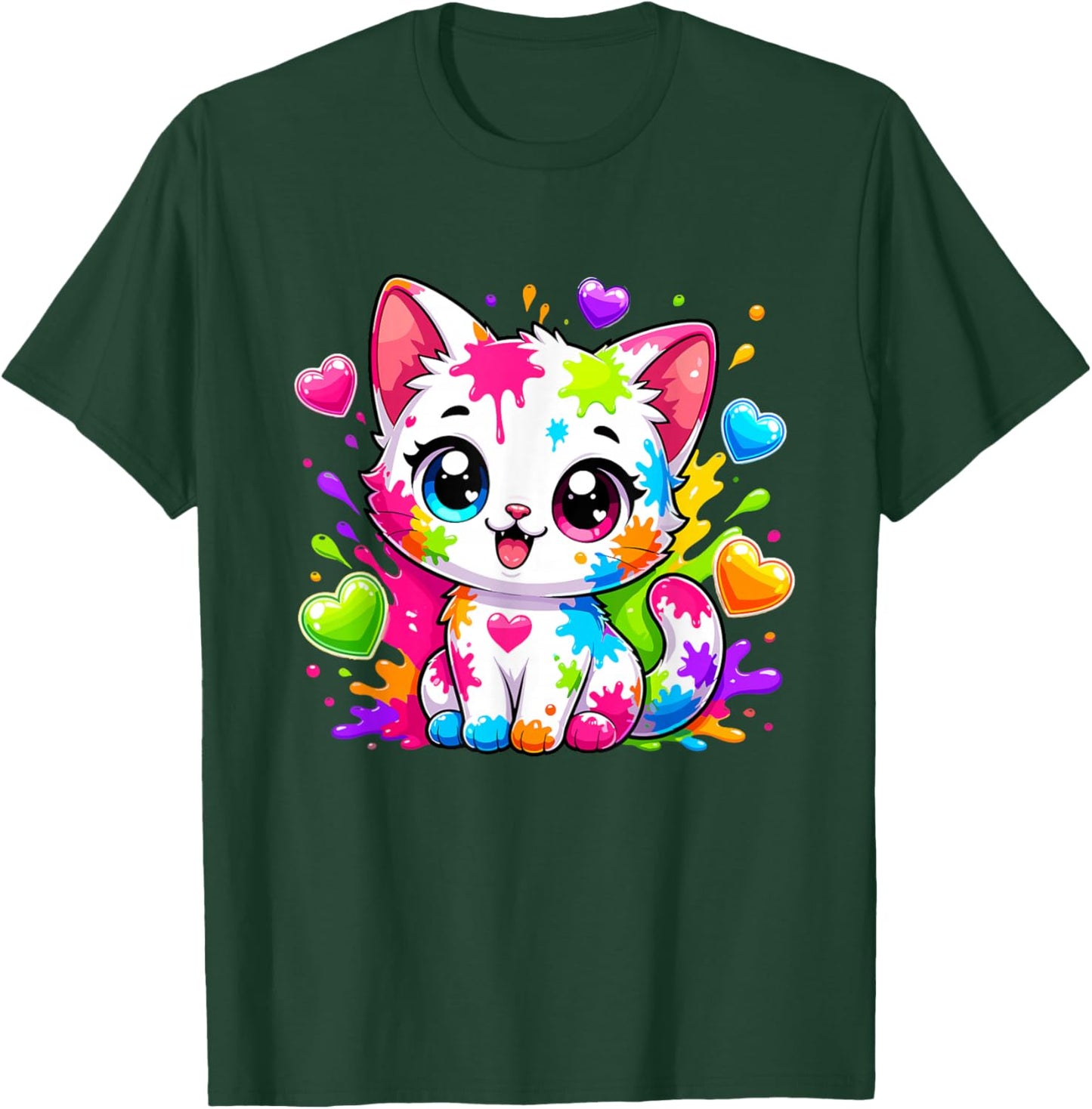 Coloré Rainbow Paint Splash Kawaii Chaton Mignon T-Shirt - T-Shirt | Forest