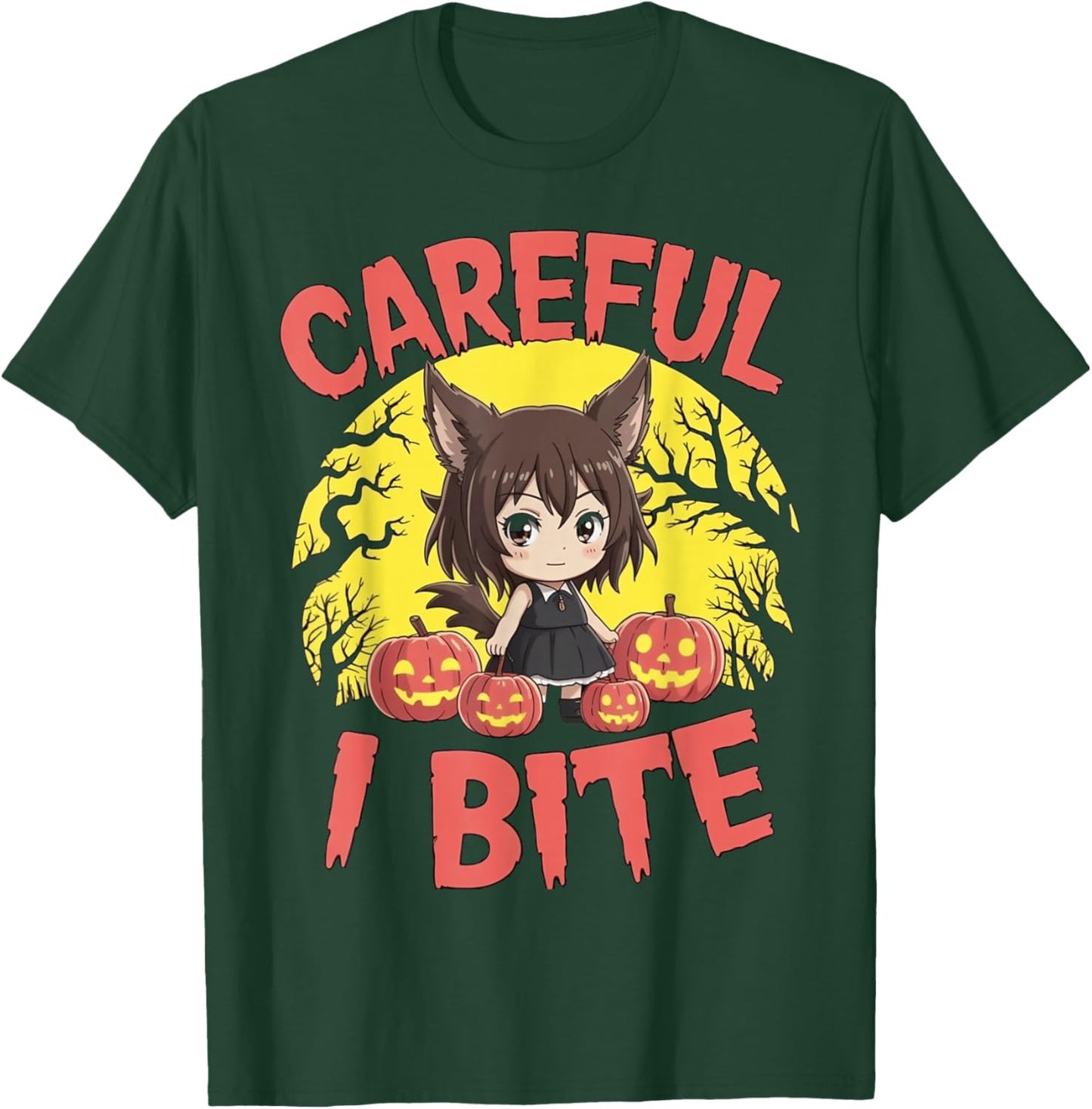 Halloween Anime Werewolf Girl Careful I Bite Cute Kids Wolf T-Shirt - T-Shirt | Forest