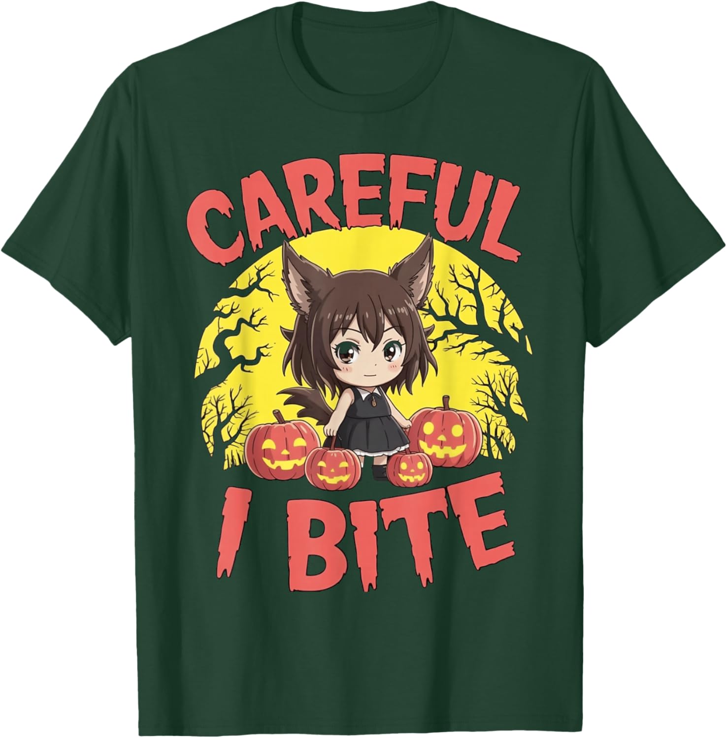 Halloween Anime Werewolf Girl Careful I Bite Cute Kids Wolf T-Shirt - T-Shirt | Forest
