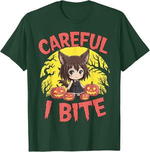 Halloween Anime Werewolf Girl Careful I Bite Cute Kids Wolf T-Shirt - T-Shirt | Forest