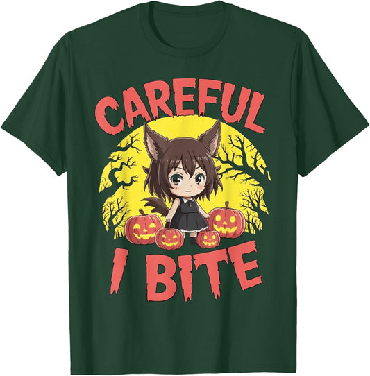 Halloween Anime Werewolf Girl Careful I Bite Cute Kids Wolf T-Shirt - T-Shirt | Forest