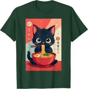 Kitten Eating Japanese Noodles Anime Manga Baby Cat Ramen T-Shirt - T-Shirt | Forest