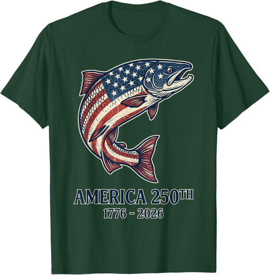 Patriotic Leaping Fish US Flag Salmon Graphic T-Shirt - T-Shirt | Forest