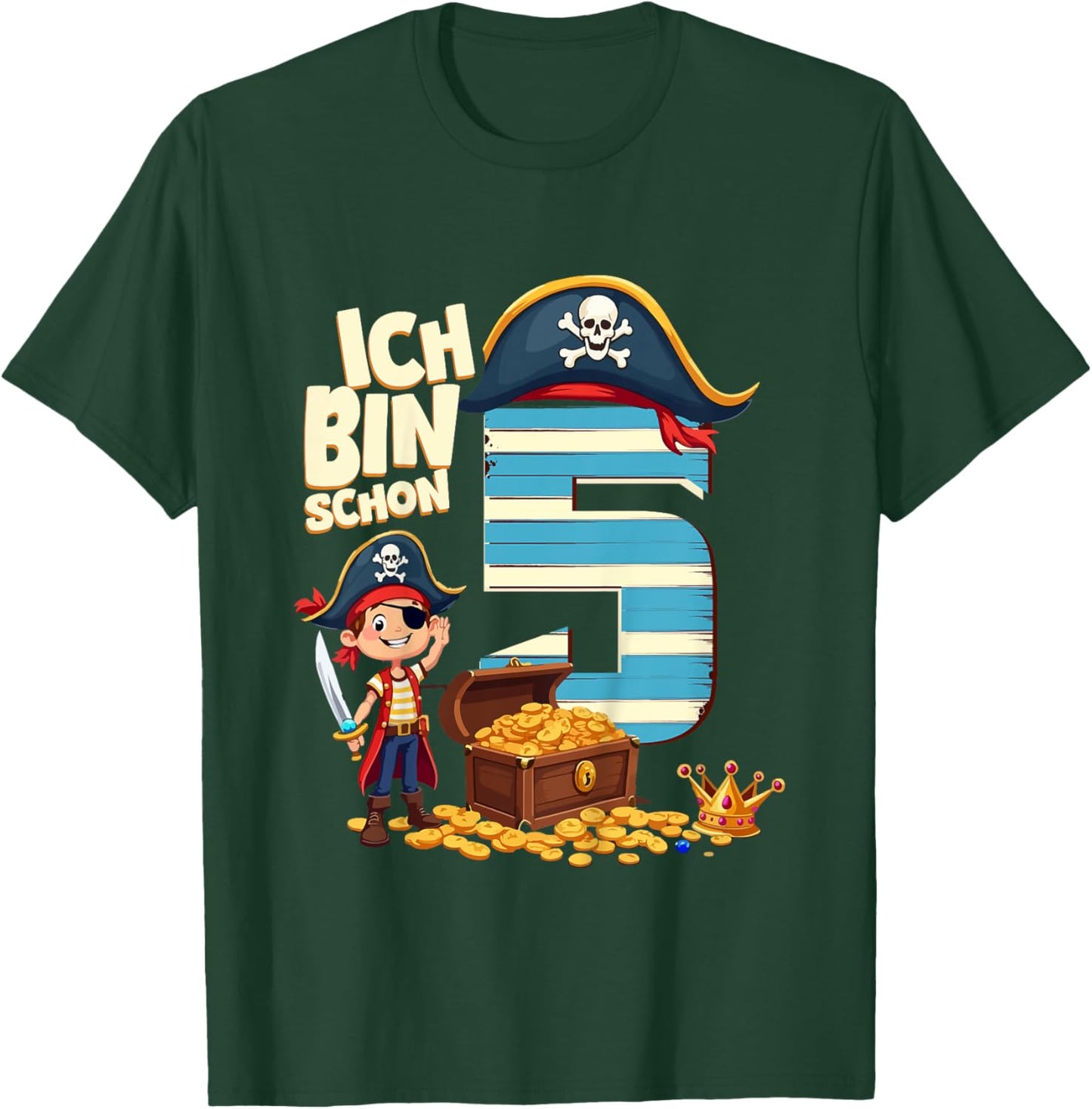 Children's 5th Birthday Pirate Decoration 5 Years Boy Outfit Pirate , black T-Shirt - T-Shirt | Forest