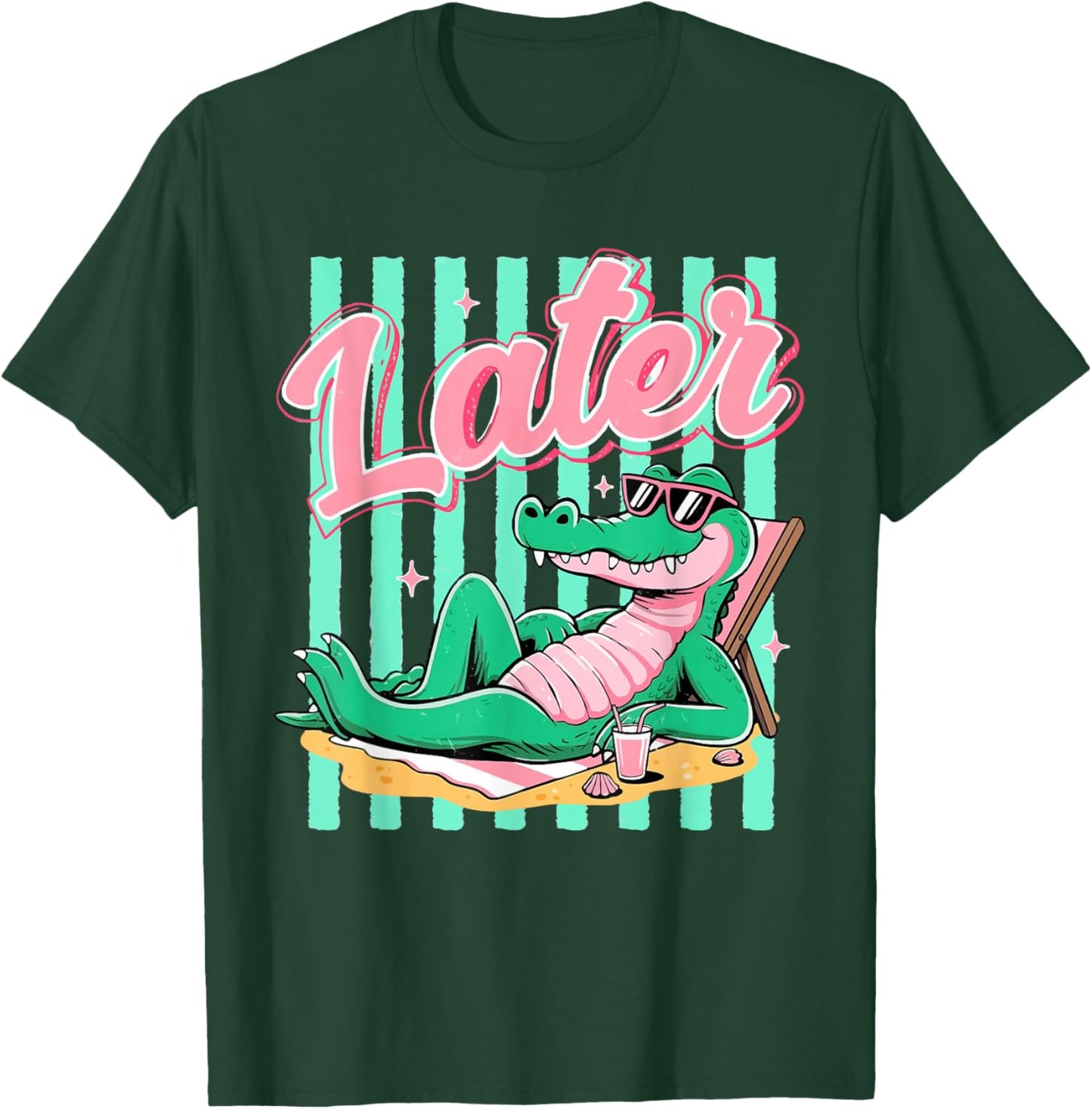 Striped Later Gator Alligator Summer Beach Vibes Cute Girly T-Shirt - T-Shirt | Forest