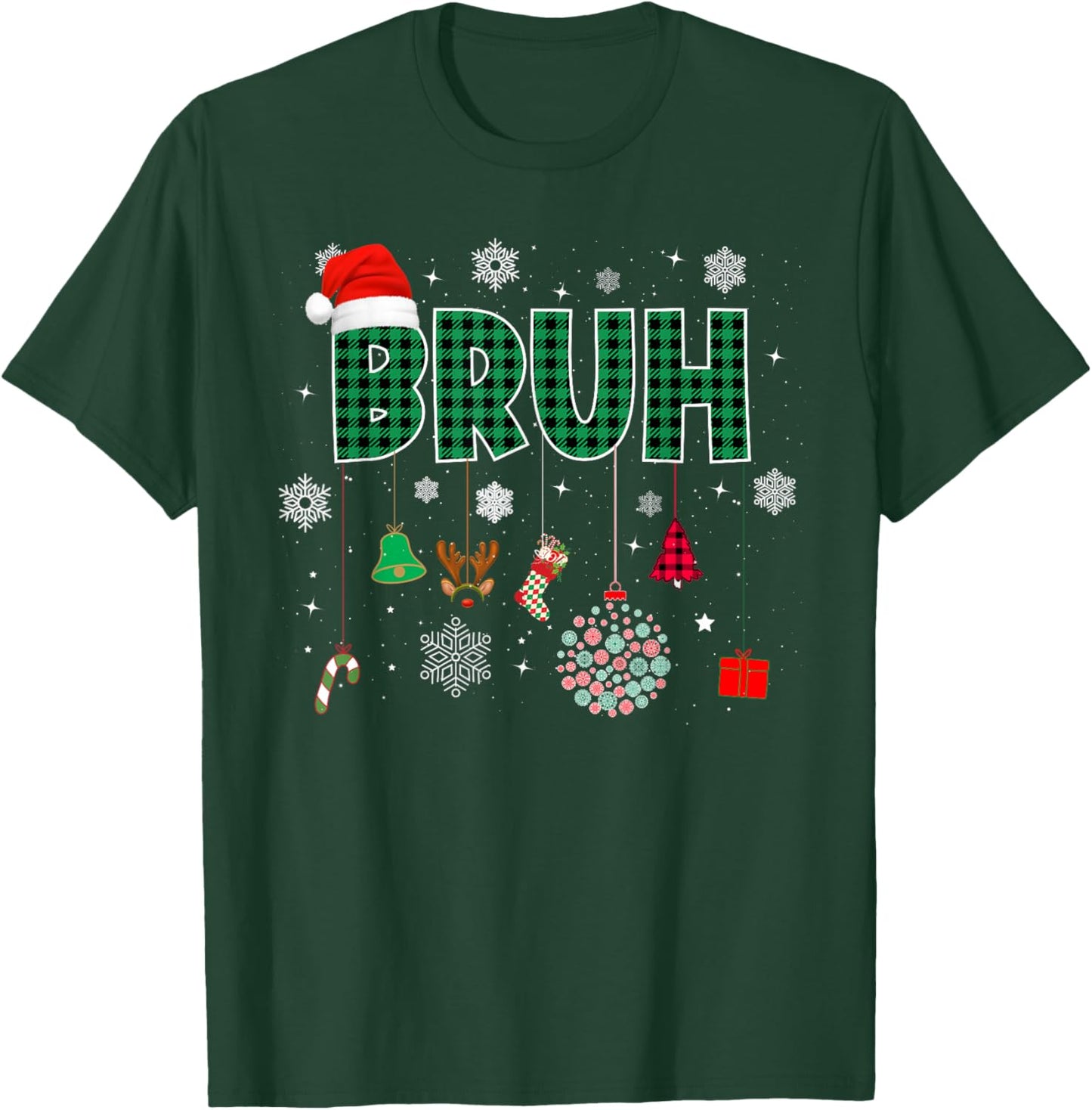 Bruh Christmas Green Plaid Boys Kids Girls Xmas Pajamas T-Shirt - T-Shirt | Forest