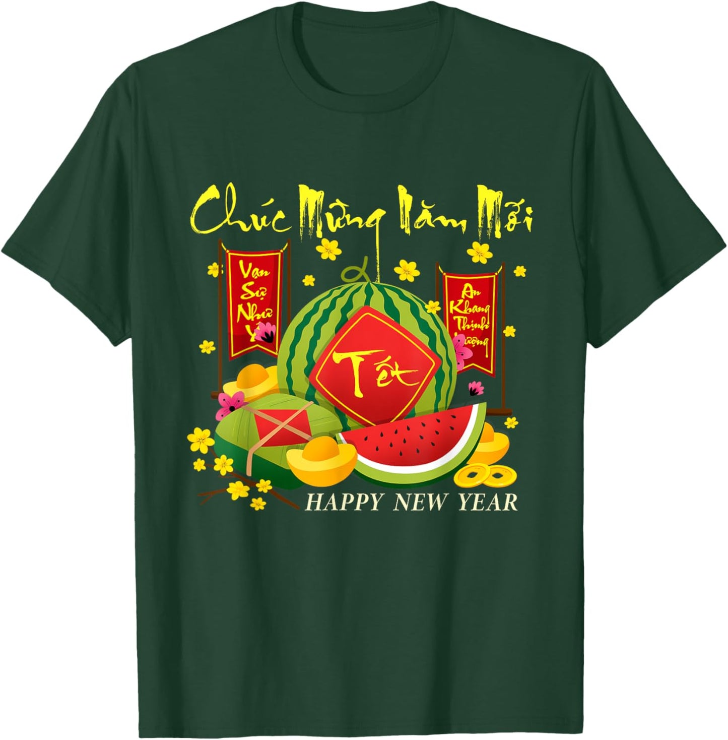 Happy Vietnamese Lunar New Year Wishes Chuc Mung Nam Moi -Adults Black Short Sleeve Classic Fit Cotton Blend T-Shirt - T-Shirt | Forest