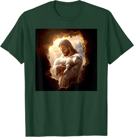 Jesus Christ with Lamb | Catholic Christian Art Design Gift , Black, S T-Shirt - T-Shirt | Forest