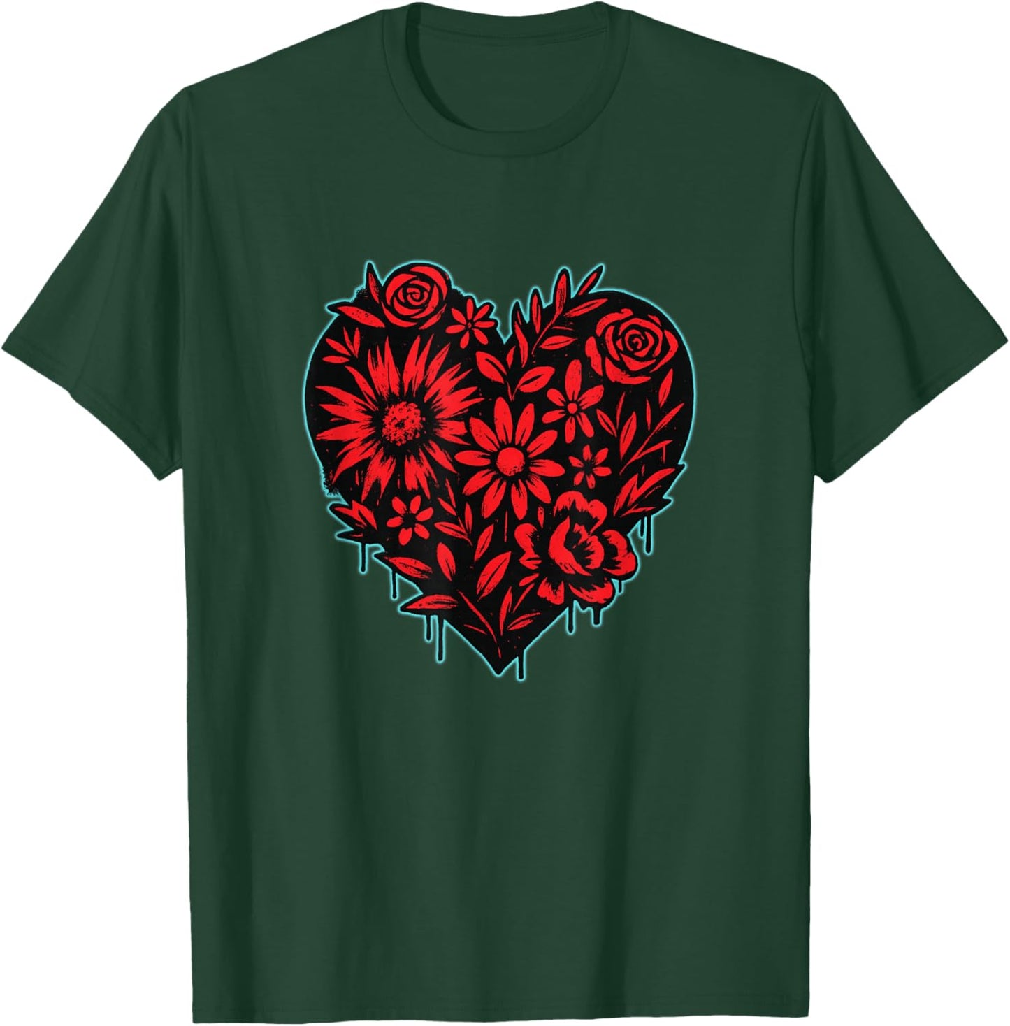 Red Floral Graffiti Heart with Cyan Outline Street Art T-Shirt - T-Shirt | Forest