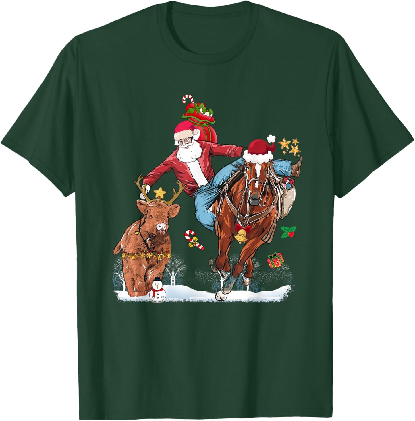 Cowboy Santa Bulldogging Western Cowboy Xmas Funny Christmas T-Shirt - T-Shirt | Forest