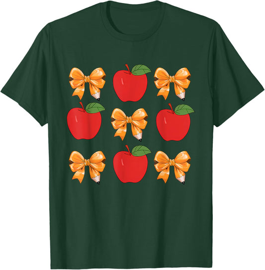 Teacher Coquette Pencil Bow And Apple Teacher Appreciation Women Girls Kids T-Shirt - T-Shirt | Forest