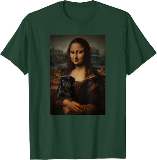 Black Pug Mona Lisa Painting Art Dog Mom Dad Men Women Kids T-Shirt - T-Shirt | Forest
