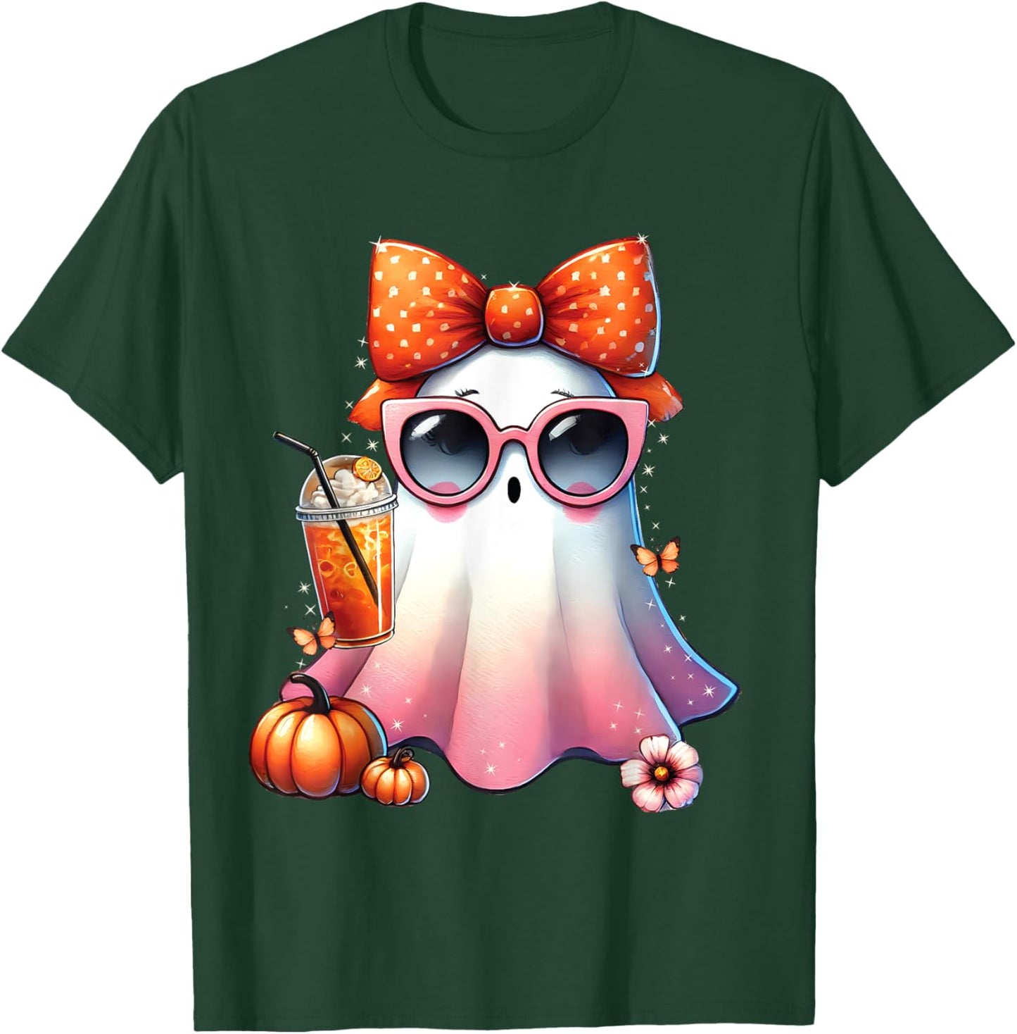 Cute Ghost Drinking Coffee With Halloween Bow Women Girls T-Shirt - T-Shirt | Forest
